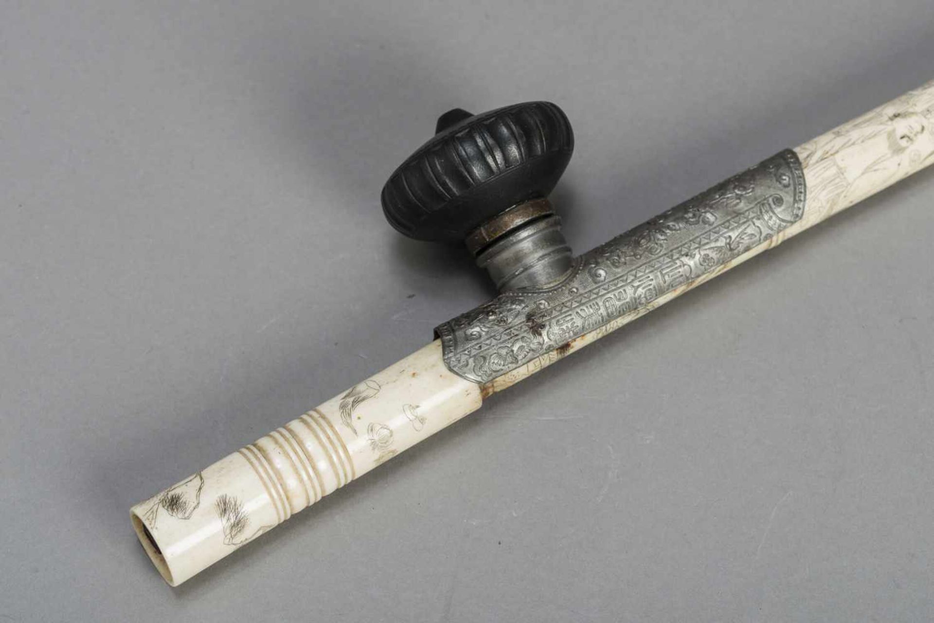 AN INSCRIBED STAG ANTLER, PEWTER AND YIXING OPIUM PIPE, QING DYNASTY The pipe consisting of five - Image 4 of 9