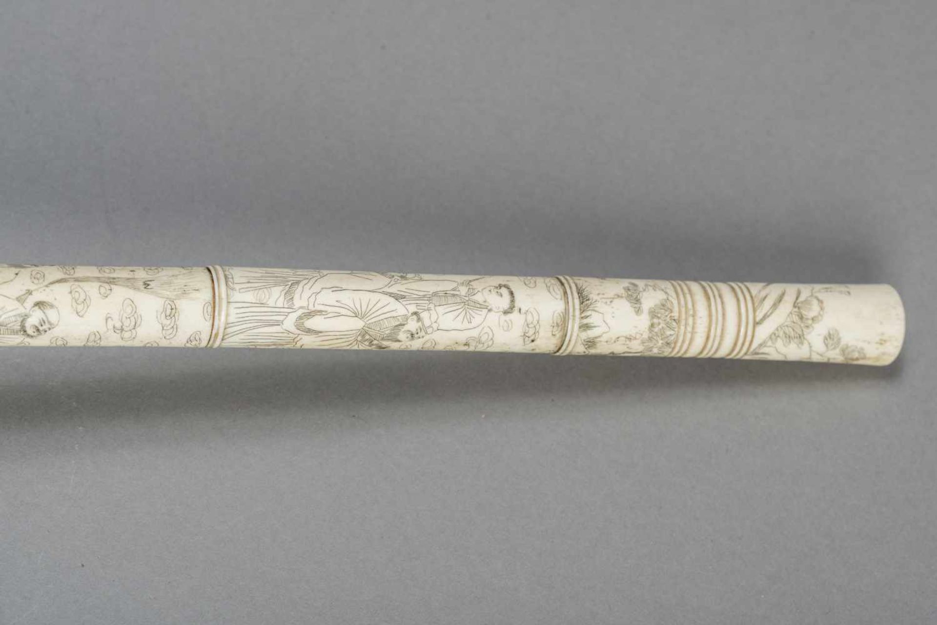 AN INSCRIBED STAG ANTLER, PEWTER AND YIXING OPIUM PIPE, QING DYNASTY The pipe consisting of five - Image 6 of 9