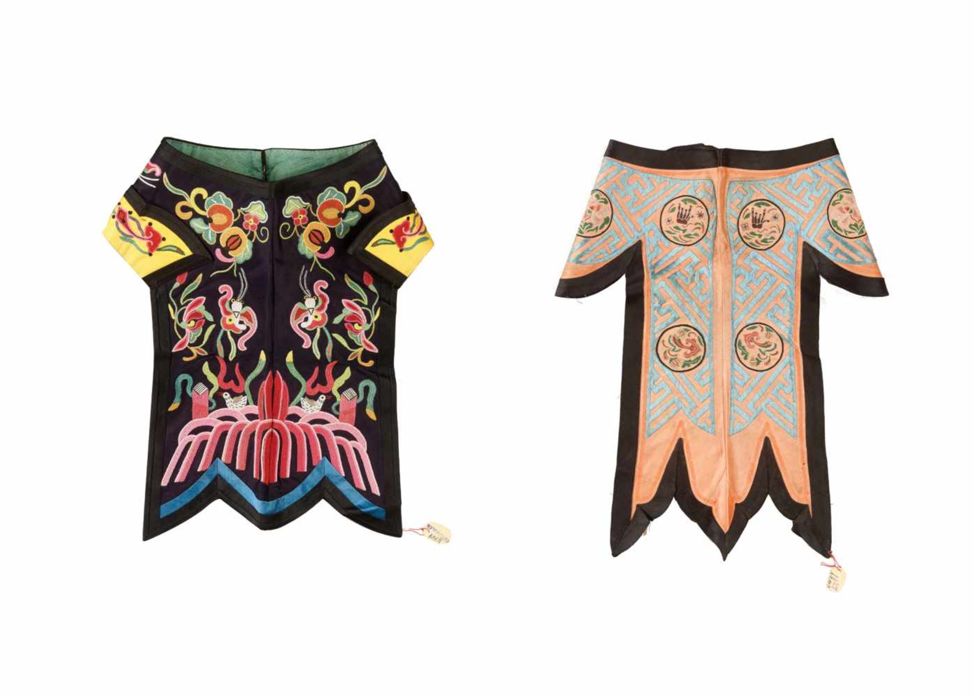 LOT WITH TWO PEKING KNOT EMBROIDERED COLLARS, 1900s Silk with multi-colored silk threads, plain