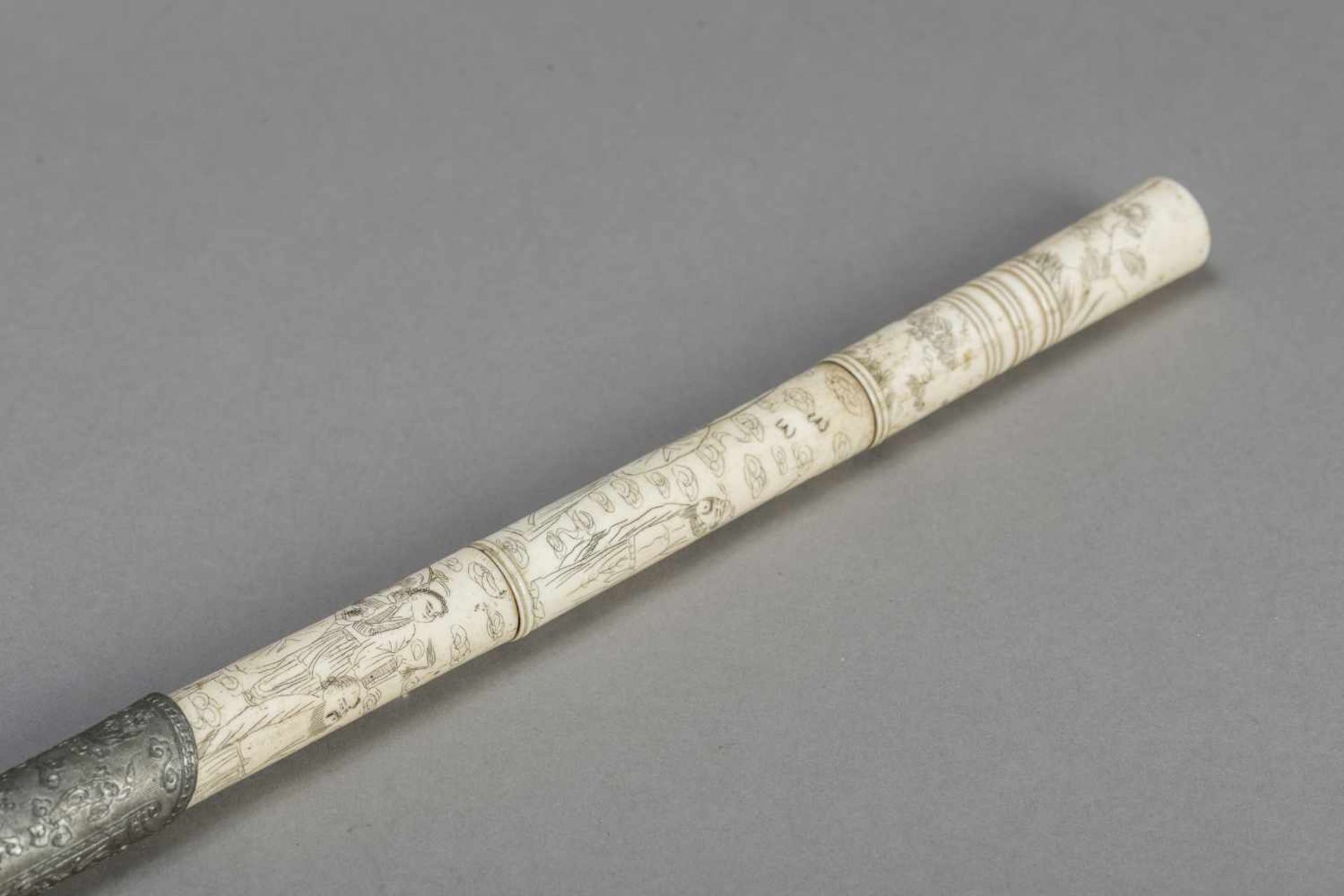 AN INSCRIBED STAG ANTLER, PEWTER AND YIXING OPIUM PIPE, QING DYNASTY The pipe consisting of five - Image 7 of 9