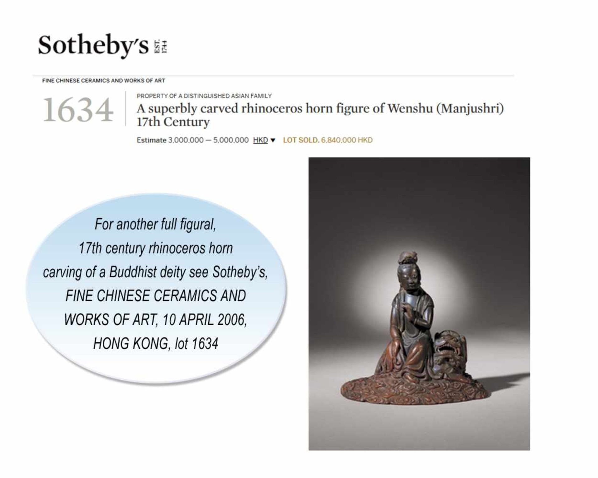 AN EXTREMELY RARE 17th CENTURY RHINOCEROS HORN CARVING OF A GREEN TARA This lot is published and - Image 8 of 8