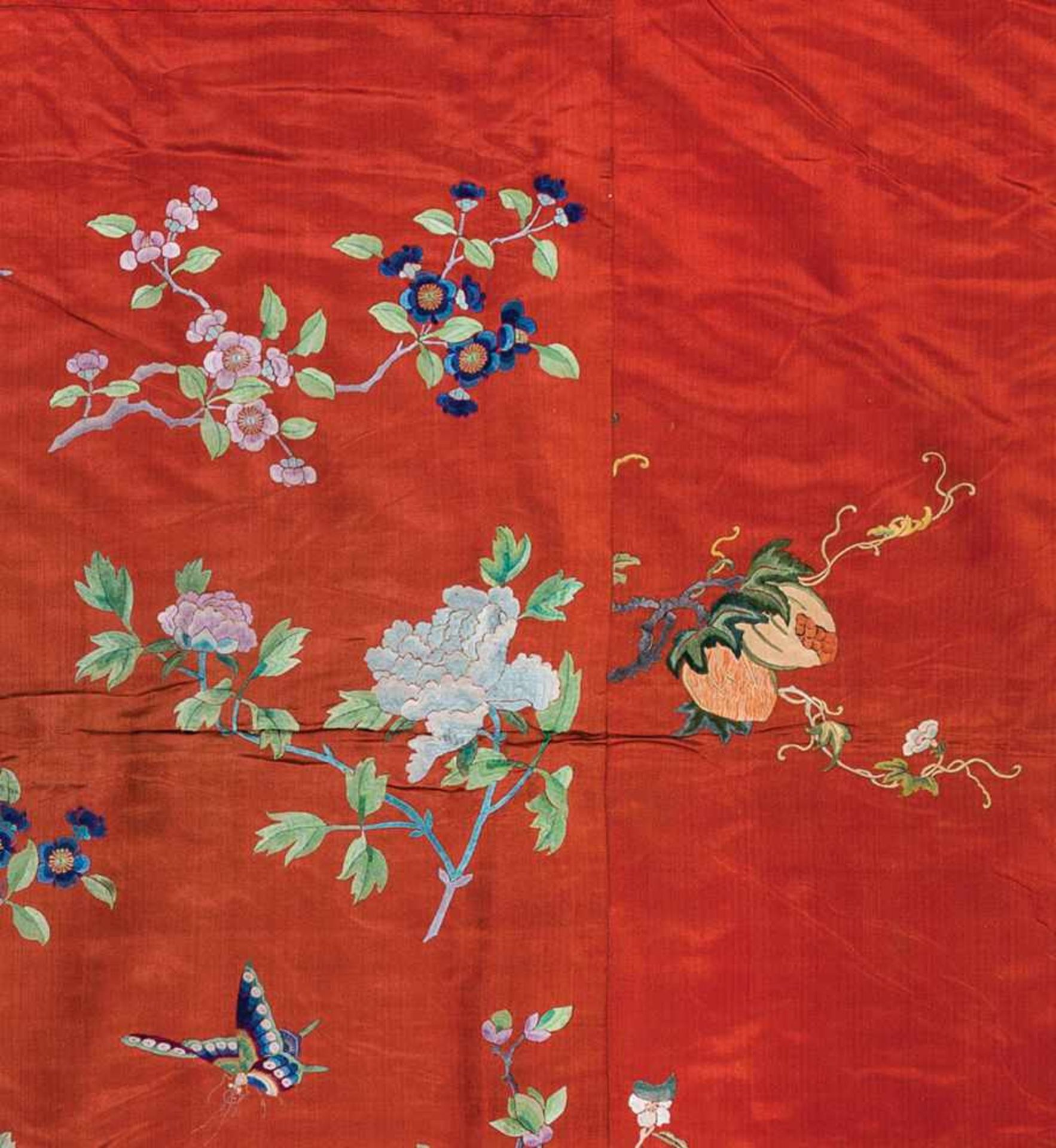 A VERY LARGE SILK WALL-HANGING WITH AUSPICIOUS FRUITS, FLOWERS AND BUTTERFLIES, QING Silk with - Image 3 of 4