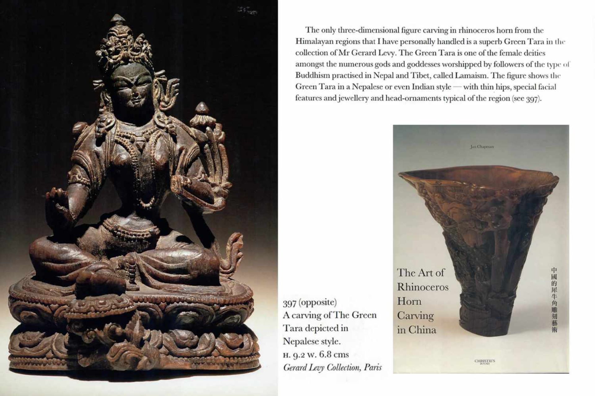 AN EXTREMELY RARE 17th CENTURY RHINOCEROS HORN CARVING OF A GREEN TARA This lot is published and - Image 7 of 8