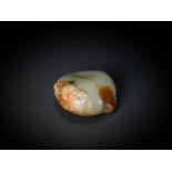 AN 18th CENTURY CELADON AND RUSSET JADE ‘PEACH AND BATS’ PEBBLE Light celadon color jade with russet