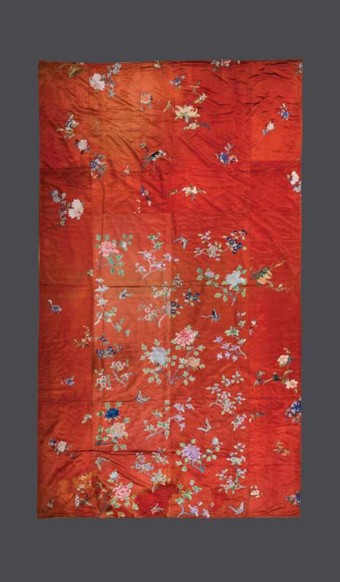 A VERY LARGE SILK WALL-HANGING WITH AUSPICIOUS FRUITS, FLOWERS AND BUTTERFLIES, QING Silk with