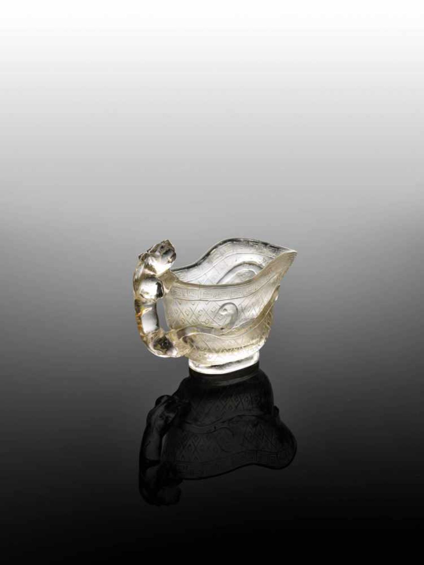 A QING DYNASTY ROCK CRYSTAL LIBATION CUP with CHILONG HANDLE Transparent rock crystal with natural - Image 3 of 6