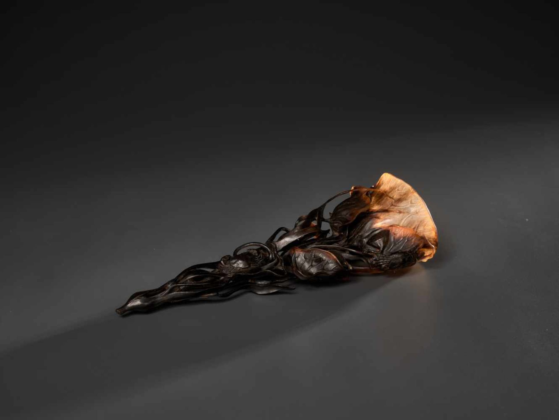 AN 18TH CENTURY RETICULATED FULL TIP RHINOCEROS ‘LOTUS’ CUP Rhinoceros horn in a deep brown to light - Bild 2 aus 9