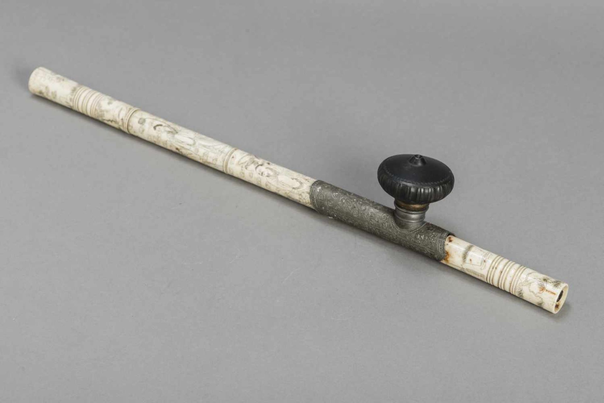 AN INSCRIBED STAG ANTLER, PEWTER AND YIXING OPIUM PIPE, QING DYNASTY The pipe consisting of five