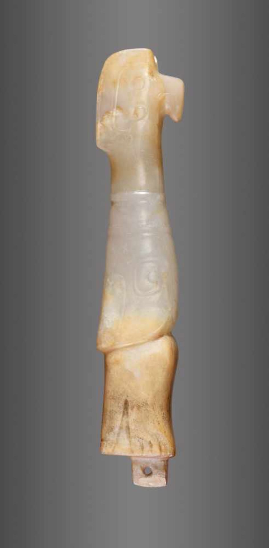 AN EXQUISITE FINIAL IN WHITE JADE CARVED AS AN ELONGATED BIRD IN PROFILE Jade. China, Late Shang - Image 4 of 11