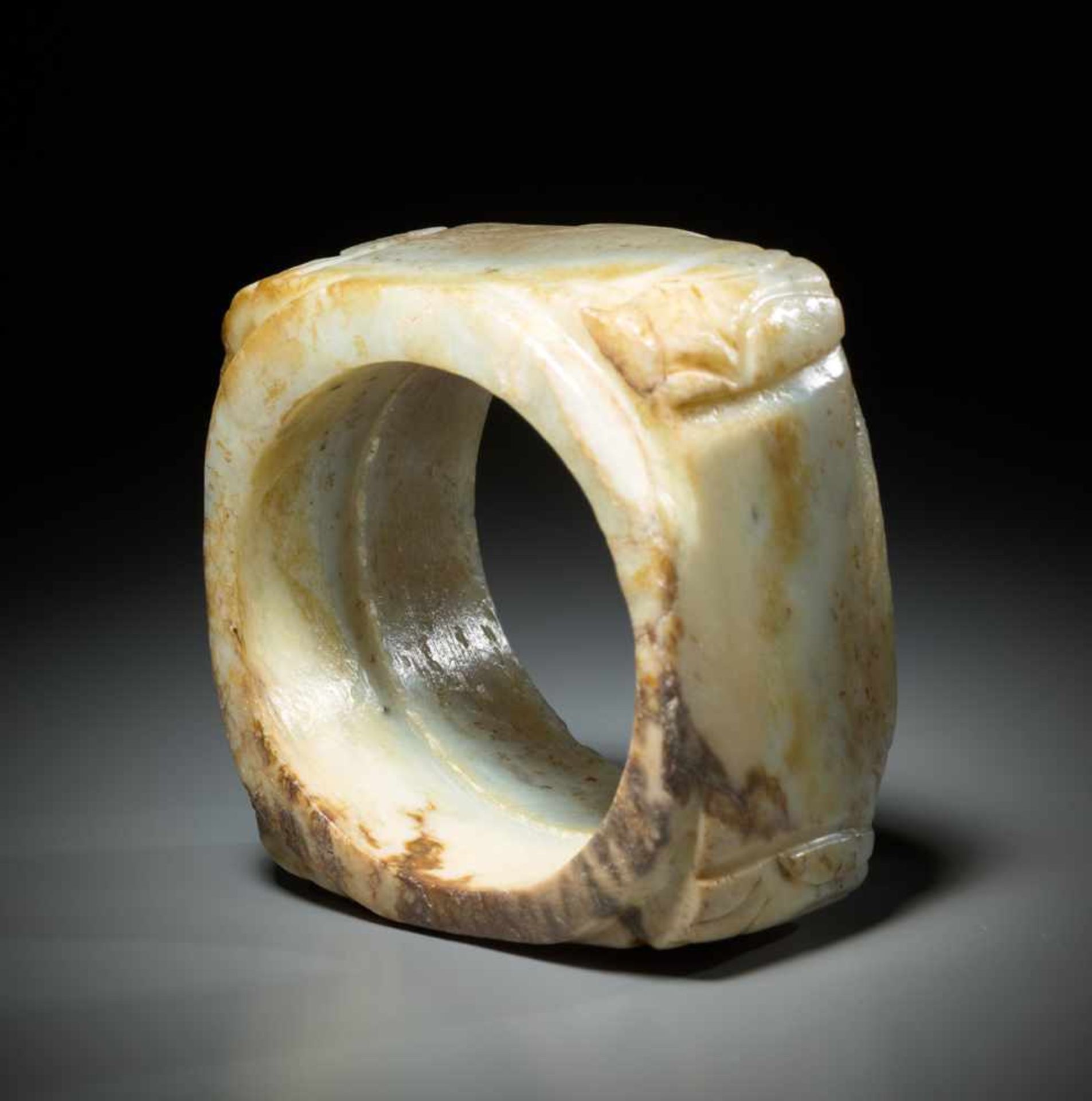 AN INTERESTING CONG IN WHITISH JADE WITH CARVED STYLIZED CICADAS ON THE CORNERS Jade. China, Late - Image 7 of 11