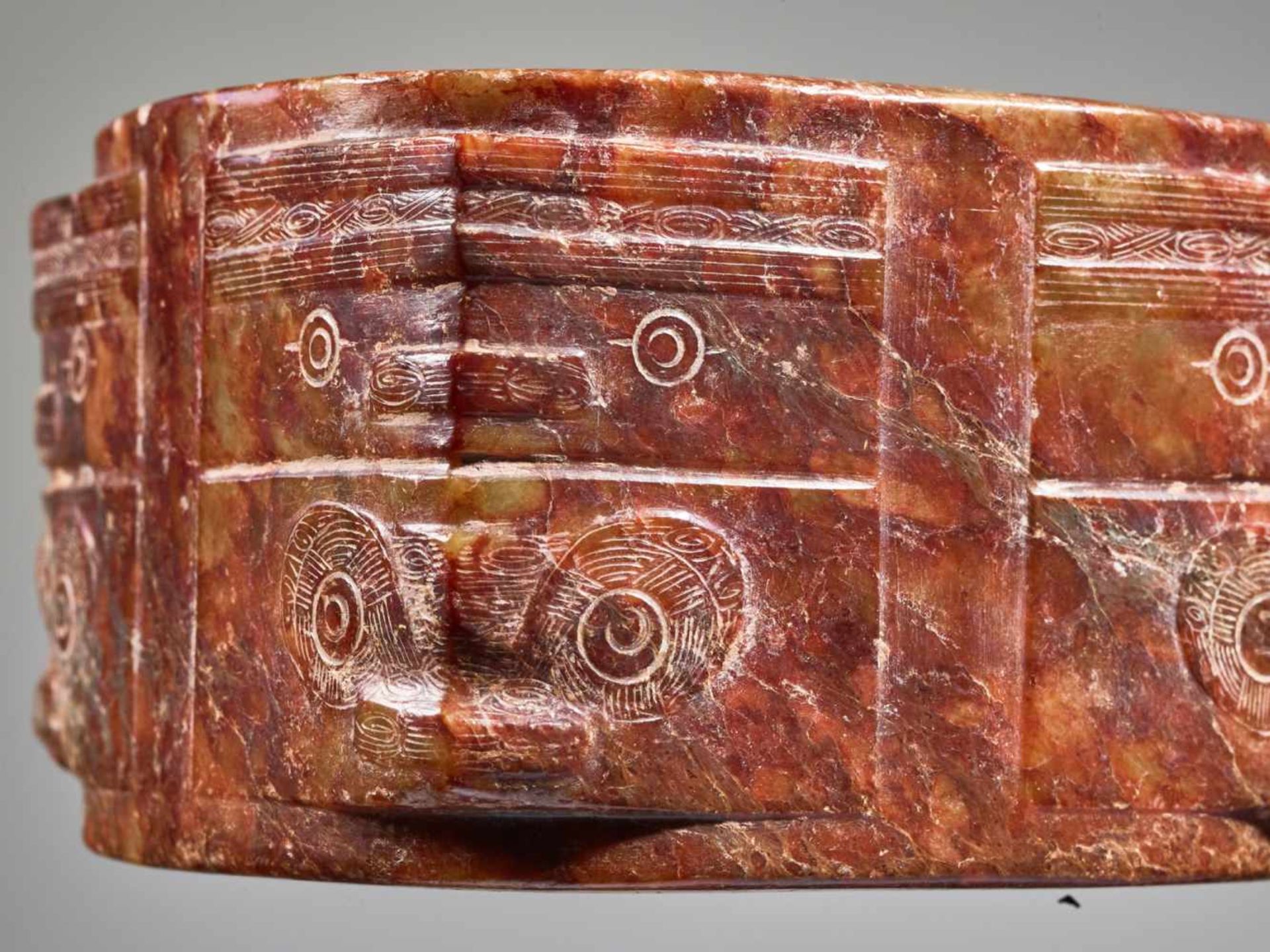 A WELL-CARVED TWO-TIERED LIANGZHU CONG WITH STYLIZED MASKS Jade. China, Late Neolithic period, - Image 8 of 11