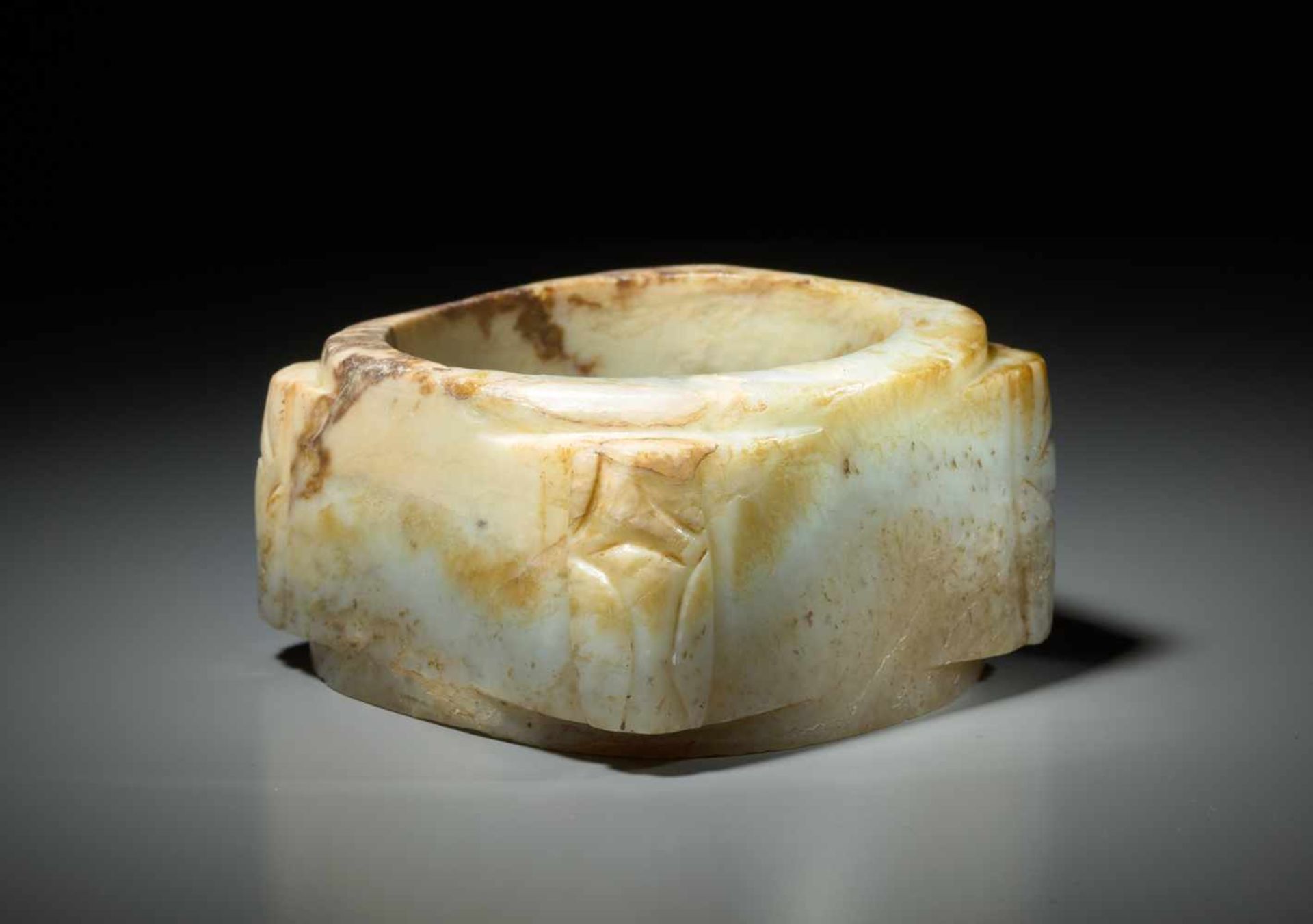 AN INTERESTING CONG IN WHITISH JADE WITH CARVED STYLIZED CICADAS ON THE CORNERS Jade. China, Late