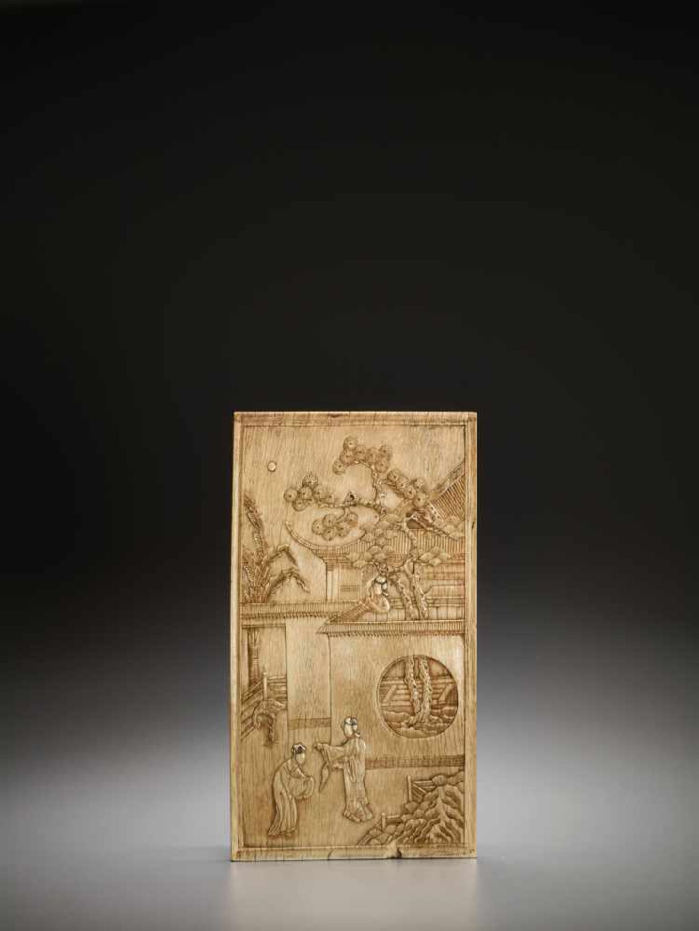 AN IVORY DOUBLE-SIDED ‘ROMANCE OF THE WESTERN CHAMBER’ SCREEN PLAQUE, KANGXI Ivory engraved and