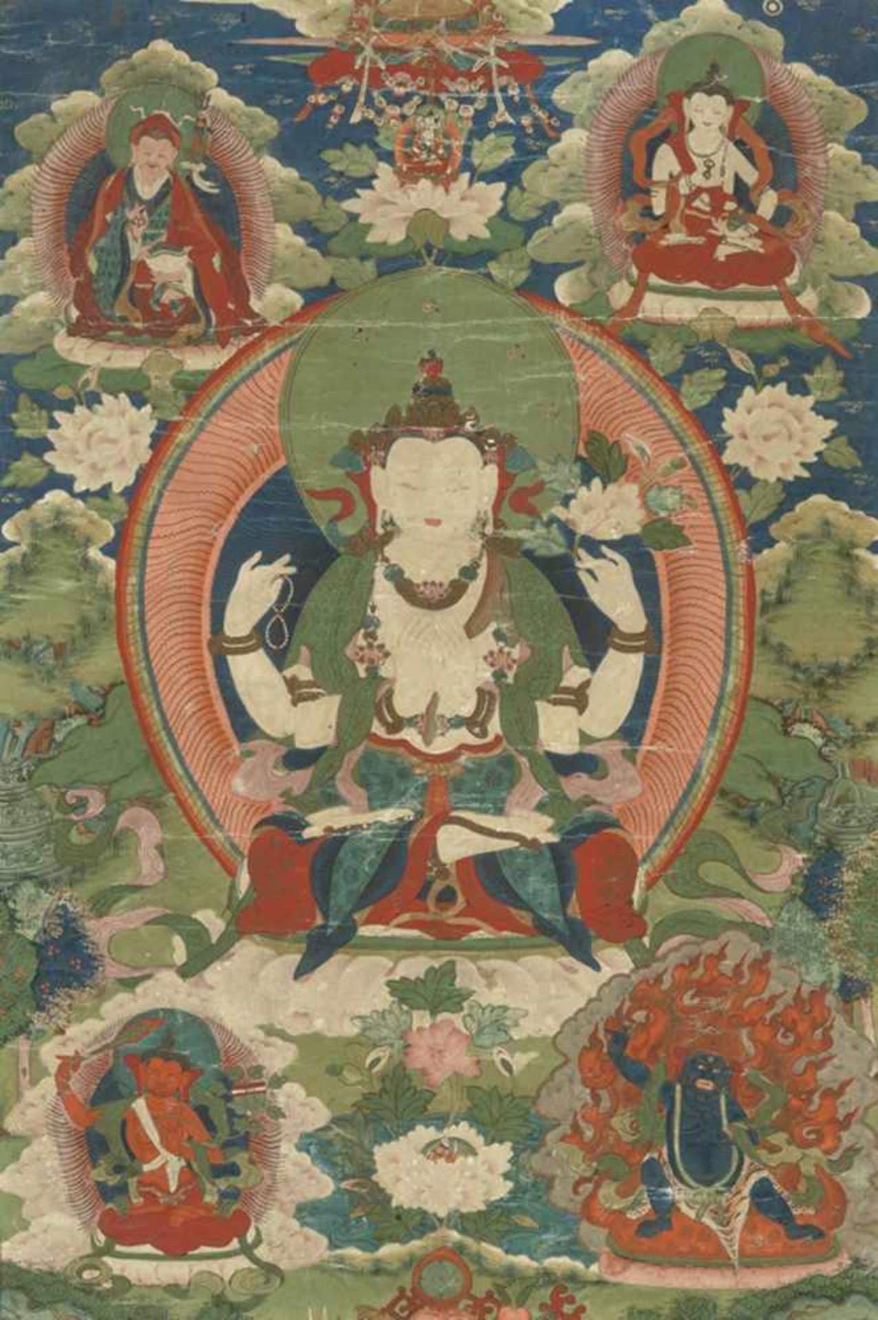 A FINE 18TH CENTURY THANGKA DEPICTING AVALOKITESHVARA SHADAKSHARI Distemper and gold paint on cloth,