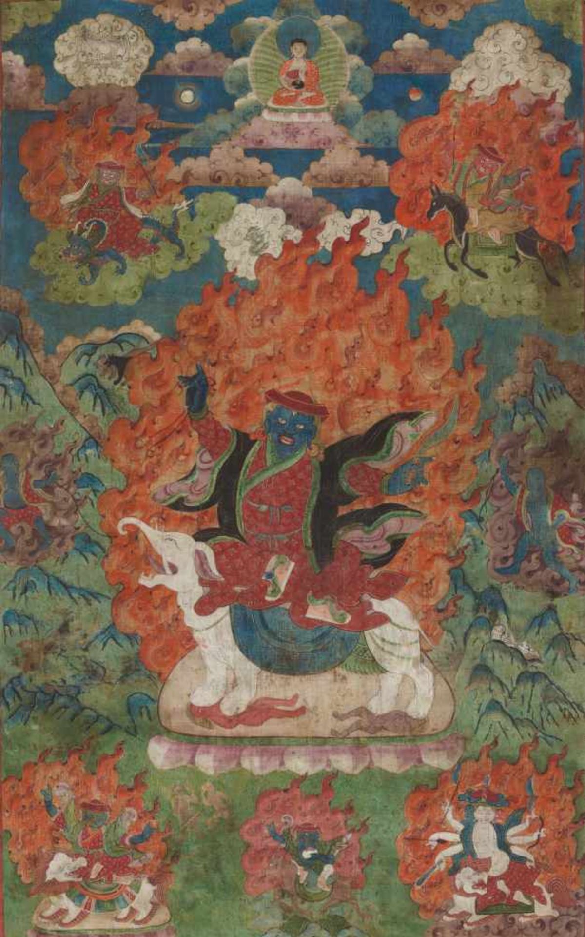 A RARE 19th CENTURY THANGKA DEPICTING PEHAR GYALPO Distemper and gold paint on cloth, framed in