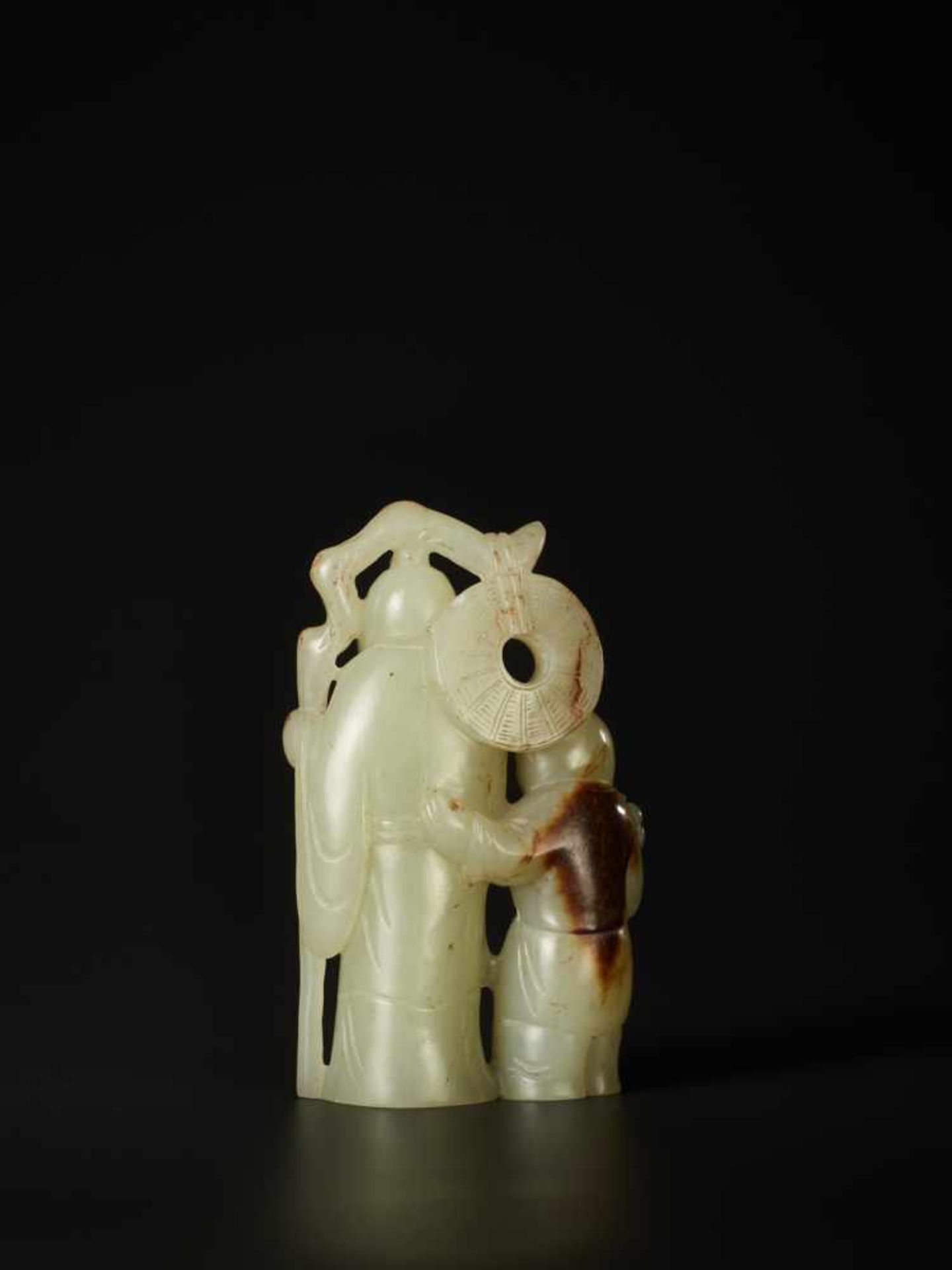 A PALE CELADON CARVING OF ‘LIU HAI AND ZHONGLI QUAN’, QING DYNASTY The jade of pale celadon tone, - Image 4 of 6