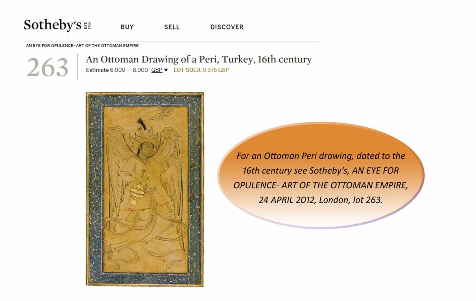 AN OTTOMAN DRAWING OF A PERI WITH SHURALE Ink and gold on very thin paper, laid down on cardboard, - Image 2 of 6