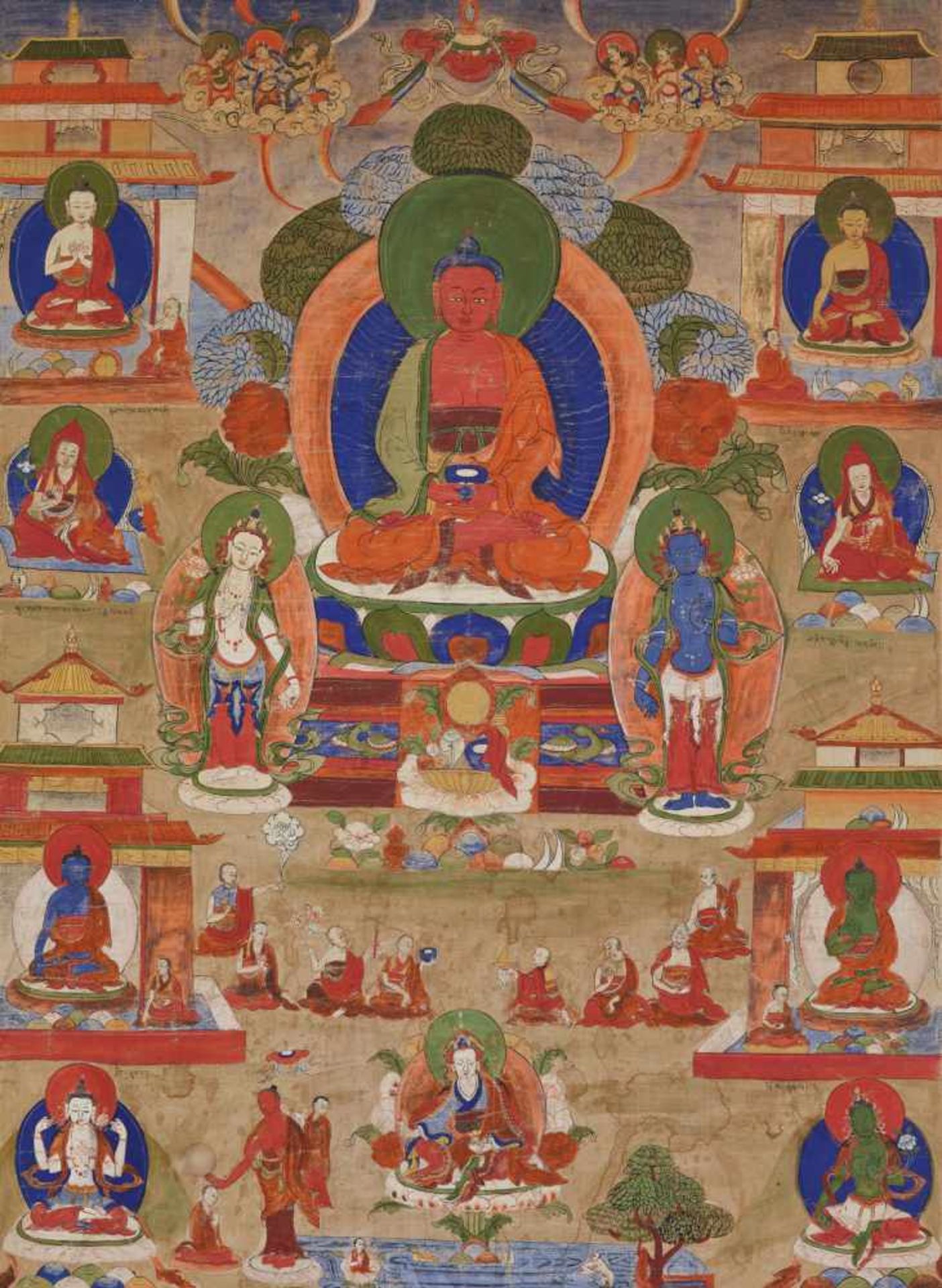 A 19th CENTURY THANGKA DEPICTING AMITABHA IN SUKHAVATI Distemper on cloth, framed in plain linen