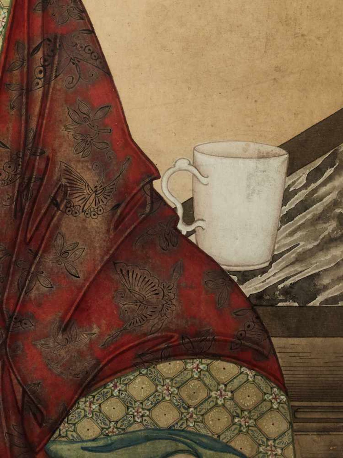 A PAINTING DEPICTING A MEIREN WITH A DEHUA CUP, QING DYNASTY Ink and color pigments on paperChina, - Image 6 of 9