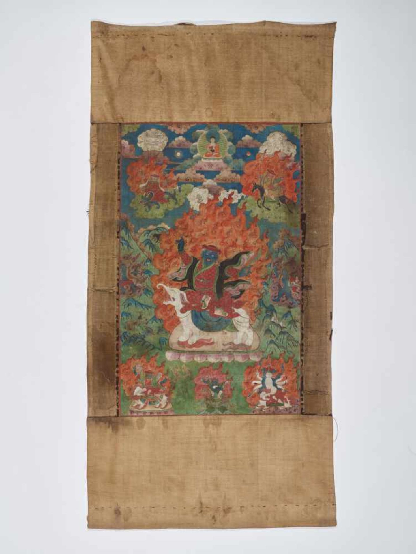 A RARE 19th CENTURY THANGKA DEPICTING PEHAR GYALPO Distemper and gold paint on cloth, framed in - Image 7 of 9