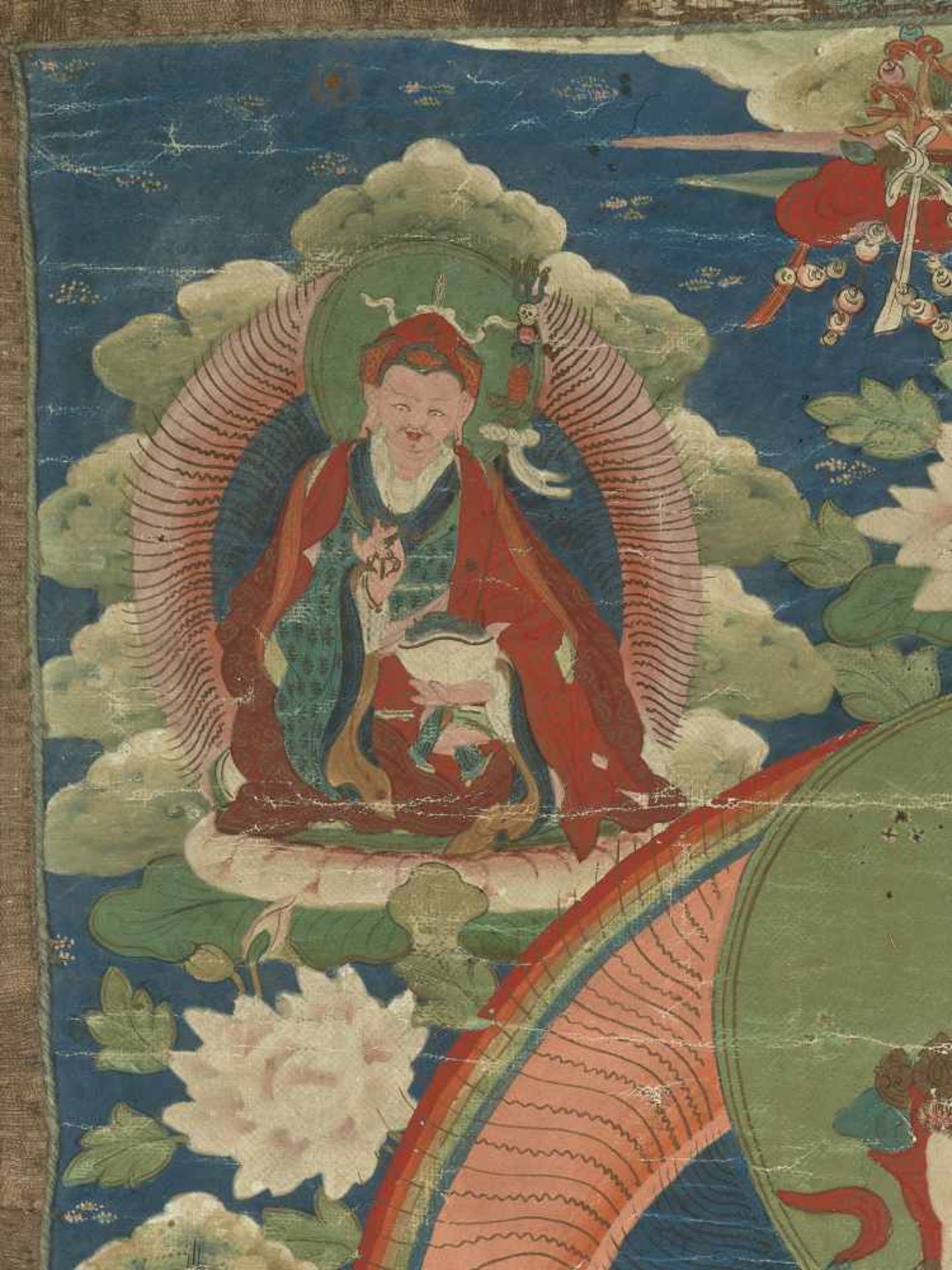 A FINE 18TH CENTURY THANGKA DEPICTING AVALOKITESHVARA SHADAKSHARI Distemper and gold paint on cloth, - Image 4 of 10