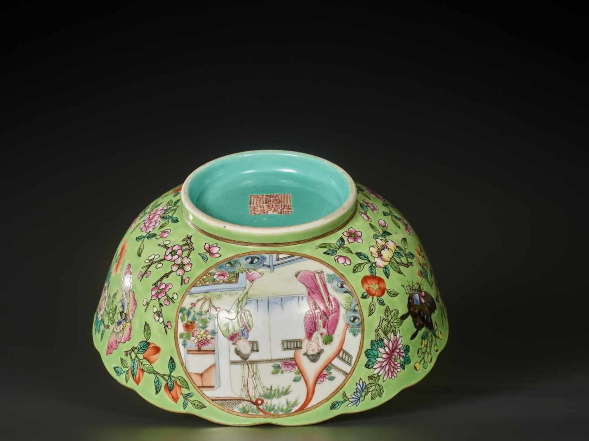 A RARE FAMILLE ROSE LIME-GROUND ‘MUDAN TING’ BOWL AND COVER, DAOGUANG Daoguang six-character seal - Image 16 of 20