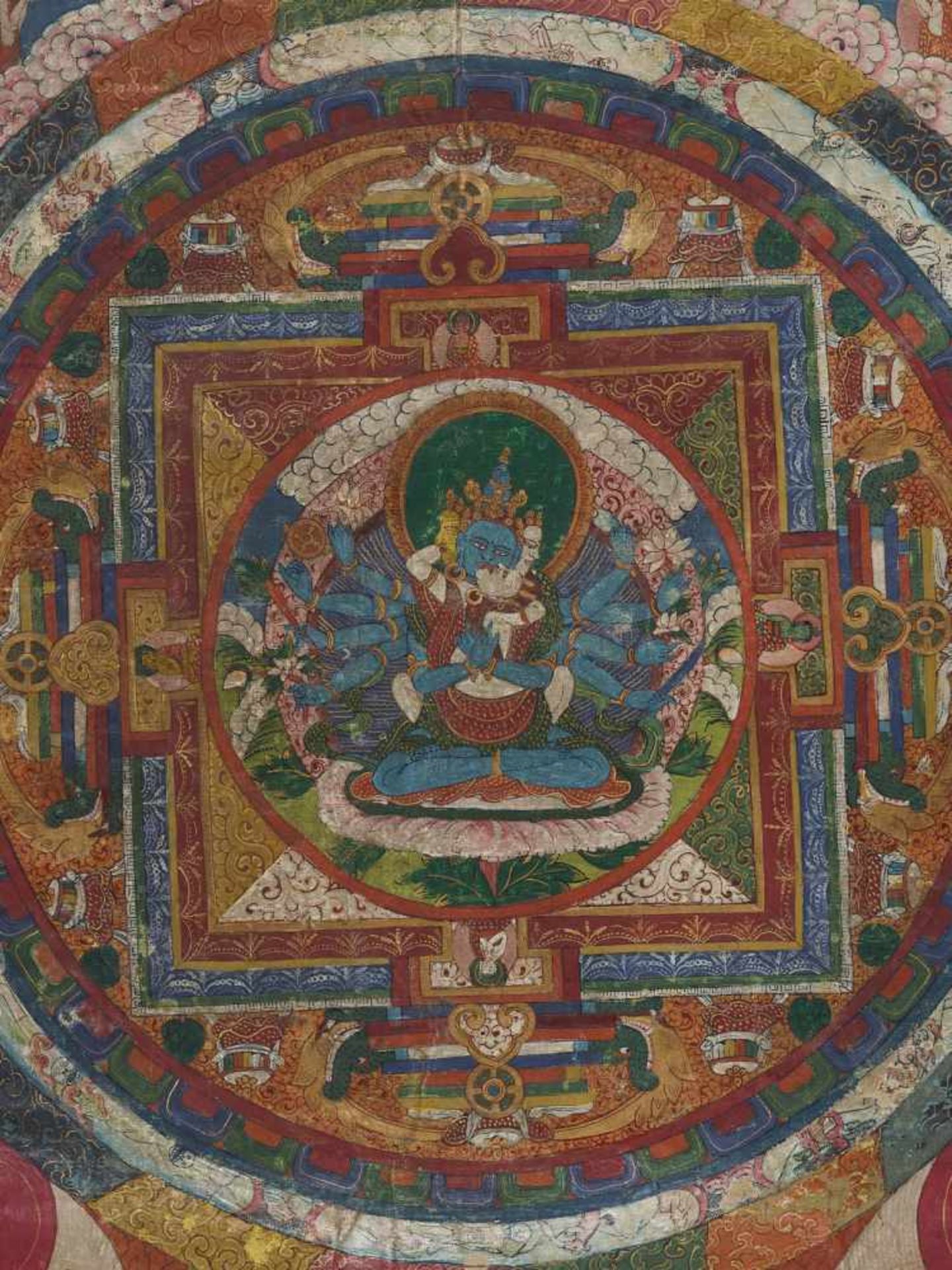 A FIGURE FILLED MANDALA THANGKA WITH CHAKRASAMVARA IN YAB YUM Distemper and gold paint on cloth, - Image 3 of 5