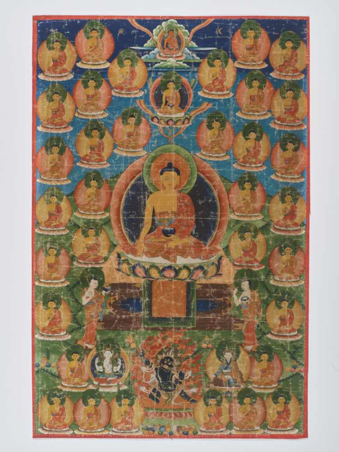 A 19th CENTURY THANGKA DEPICTING BUDDHA AMITABHA Distemper and gold paint on cloth Sino-Tibetan,