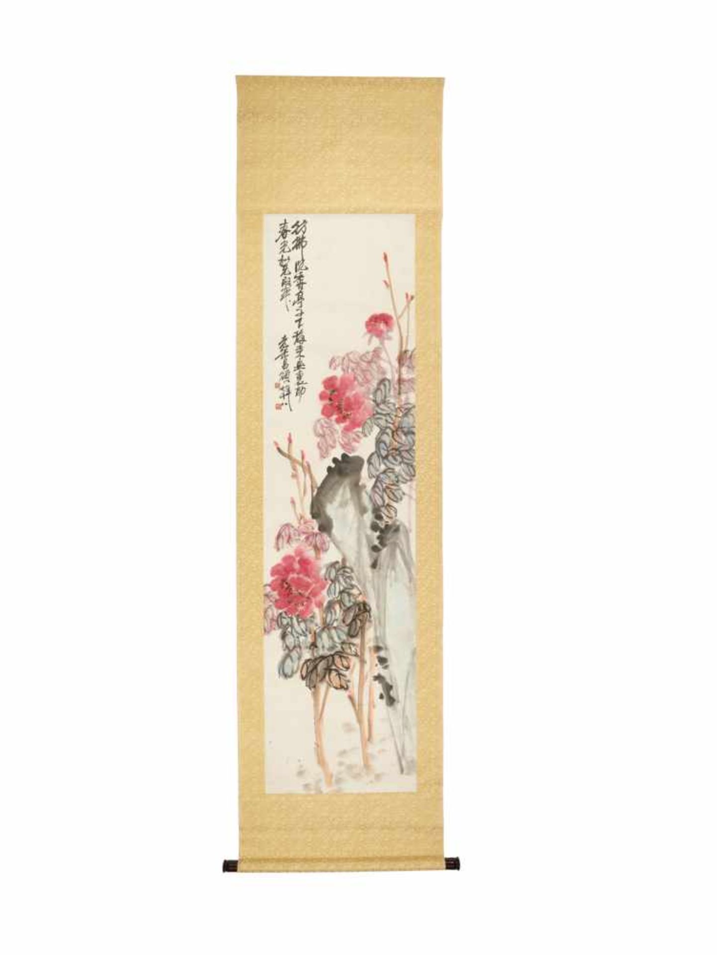 A ‘PEONY AND ROCK’ PAINTING BY WU CHANGSHUO, DATED 1921 Ink and color on paper, mounted to a brocade - Image 8 of 9