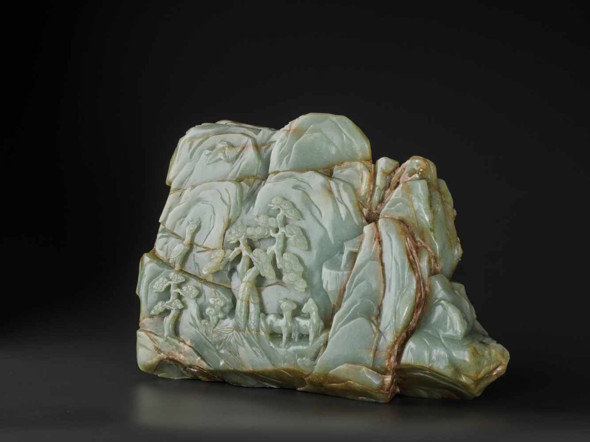 A SUPERB AND VERY LARGE CELADON AND RUSSET ‘SEVEN IMMORTALS’ JADE MOUNTAIN, 17th – 18th CENTURY - Image 11 of 24