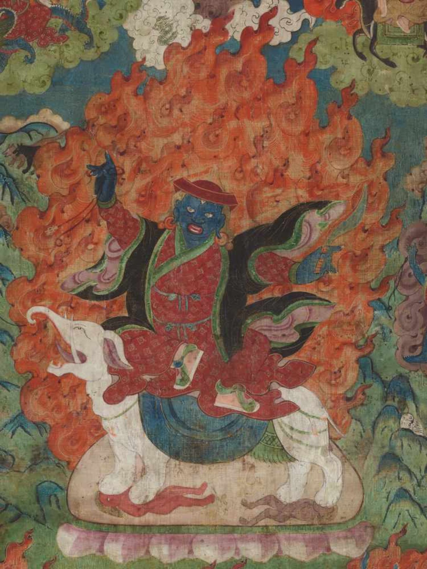 A RARE 19th CENTURY THANGKA DEPICTING PEHAR GYALPO Distemper and gold paint on cloth, framed in - Image 3 of 9