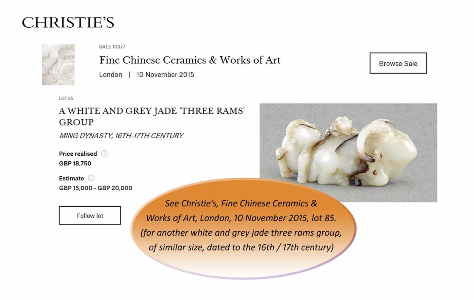 A CHICKEN BONE ‘SAN YANG’ THREE RAMS JADE GROUP, 17TH CENTURY The greyish-white nephrite suffused - Image 2 of 8