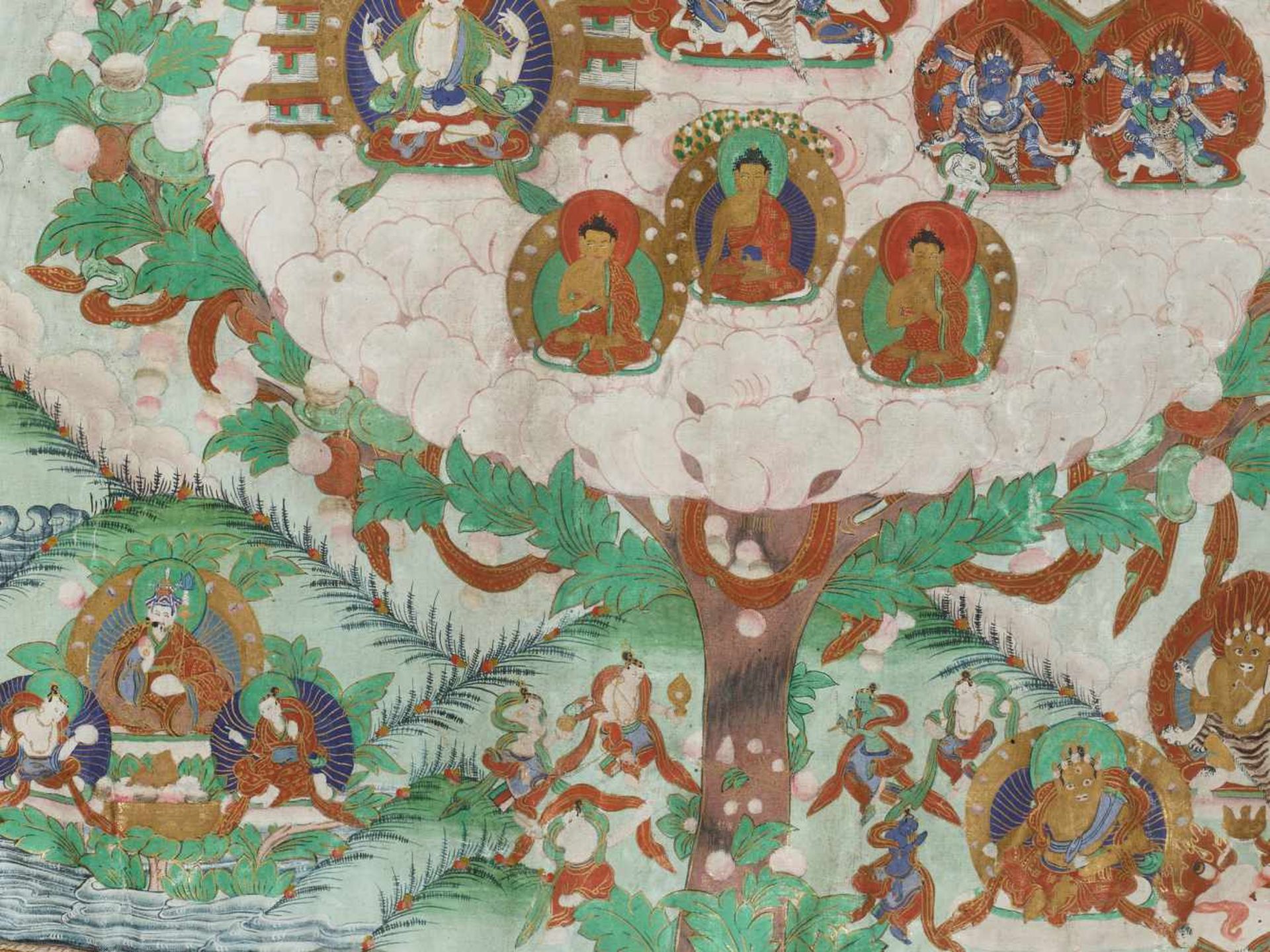 A FINE THANGKA WITH DEITIES IN LOTUS TREE Distemper and gold paint on cloth, framed by segmented - Image 4 of 7