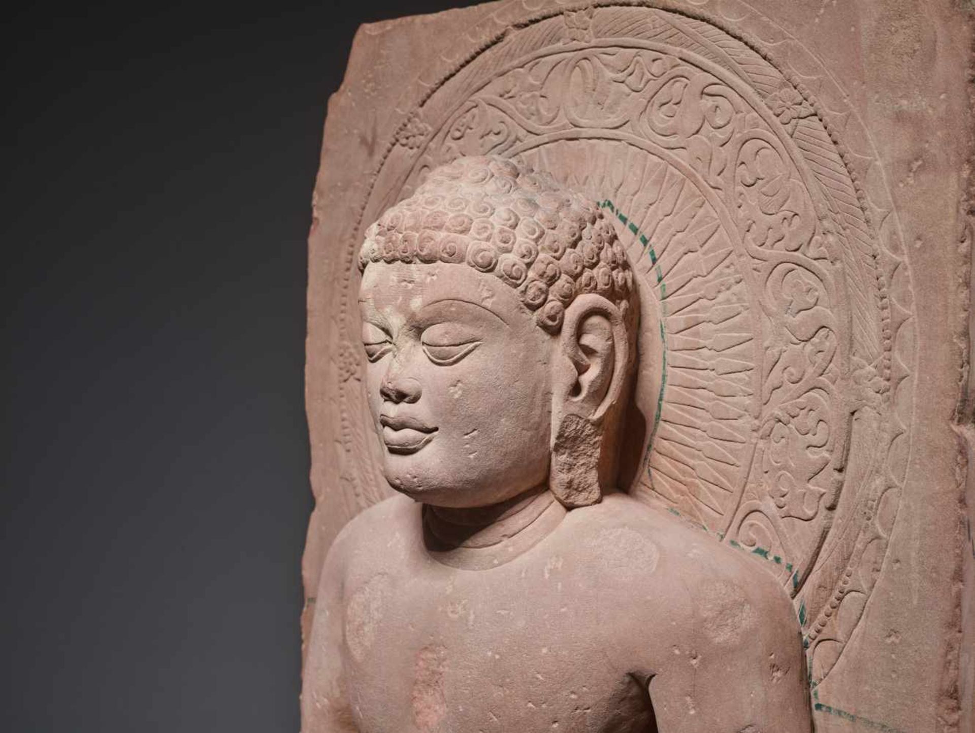 A LARGE AND IMPORTANT SANDSTONE STELE OF MAHAVIRA, MADHYA PRADESH, 16TH- 18TH CENTURY Red sandstone, - Image 16 of 17