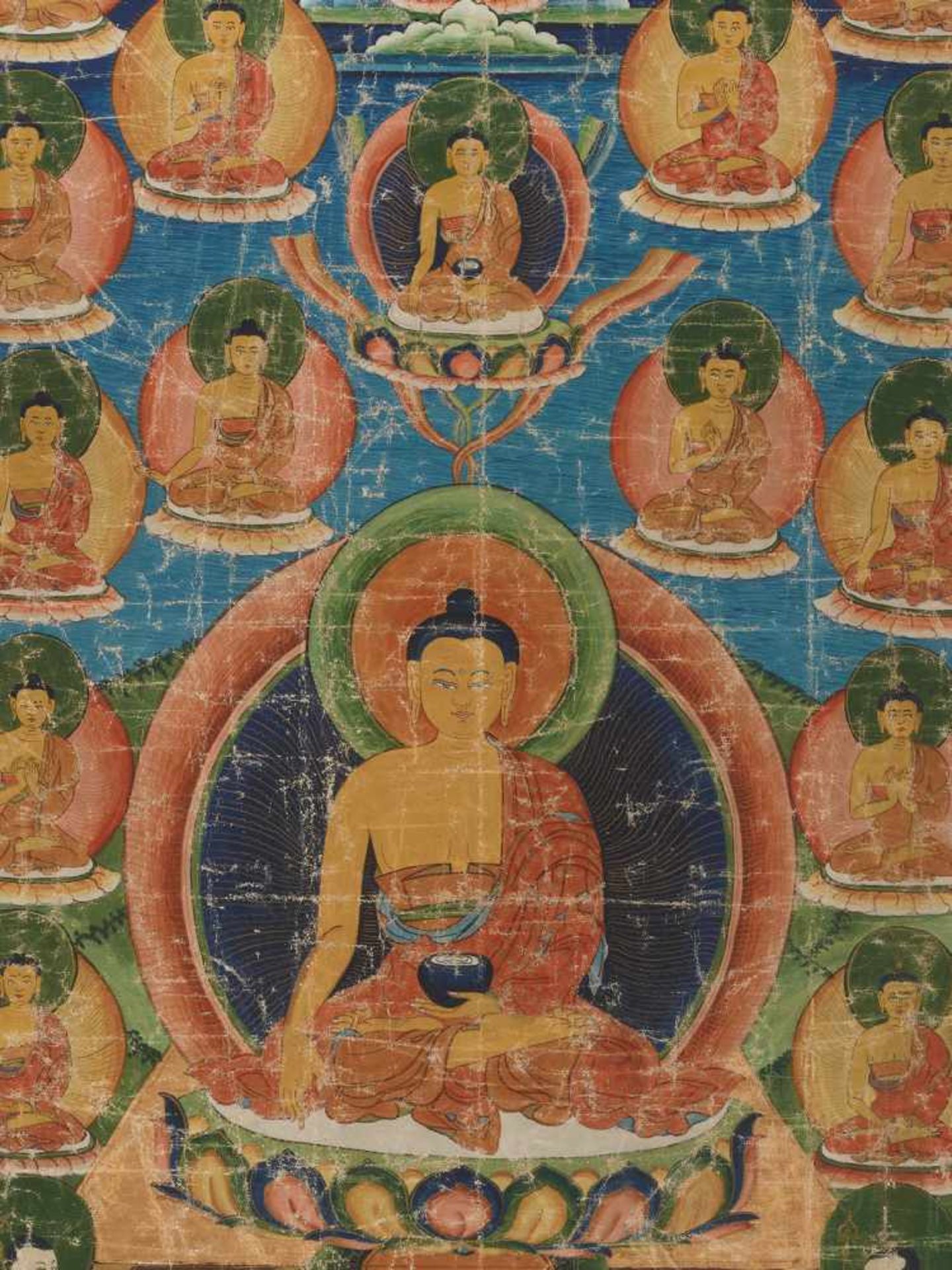 A 19th CENTURY THANGKA DEPICTING BUDDHA AMITABHA Distemper and gold paint on cloth Sino-Tibetan, - Image 2 of 4