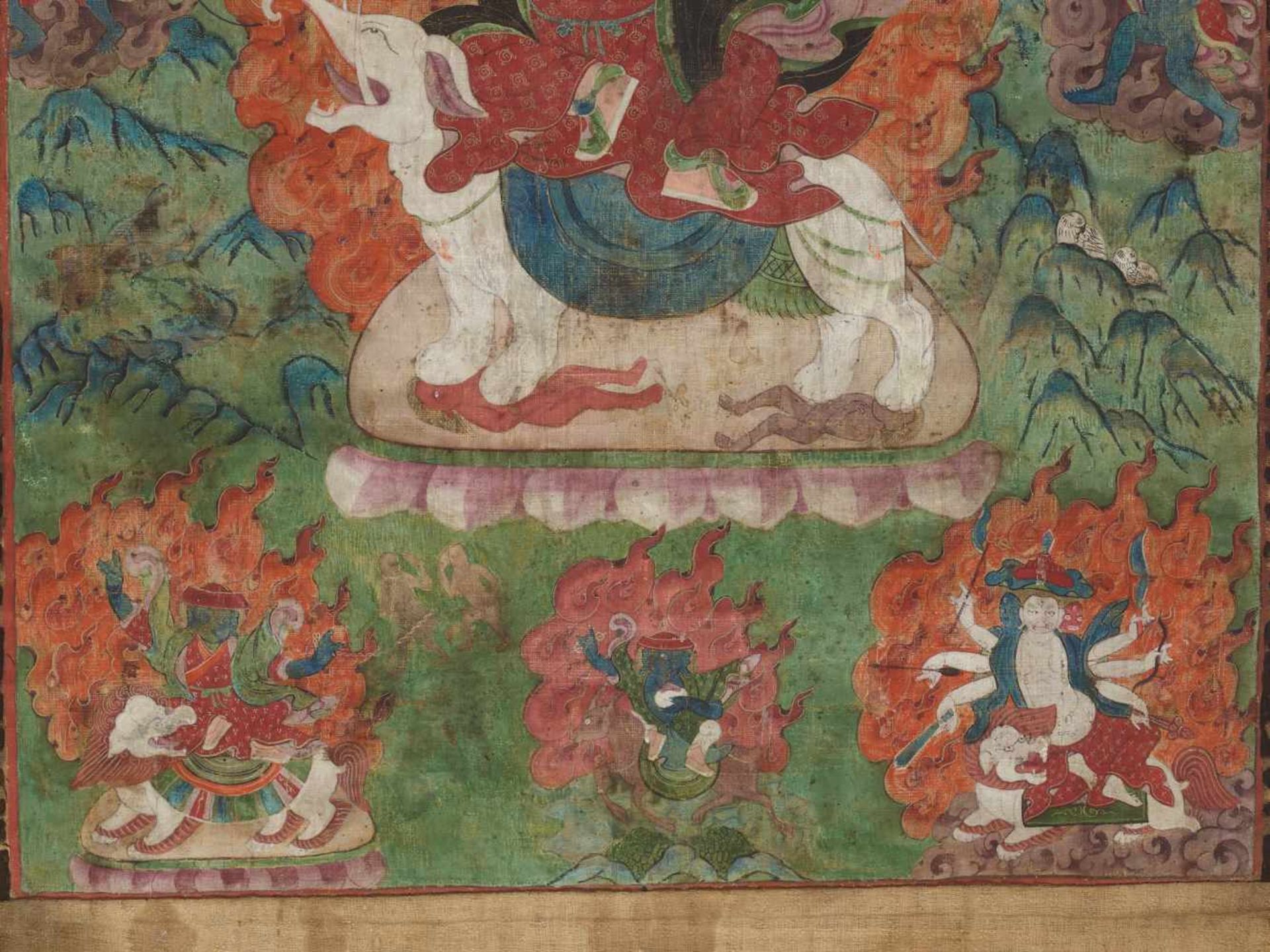 A RARE 19th CENTURY THANGKA DEPICTING PEHAR GYALPO Distemper and gold paint on cloth, framed in - Image 6 of 9
