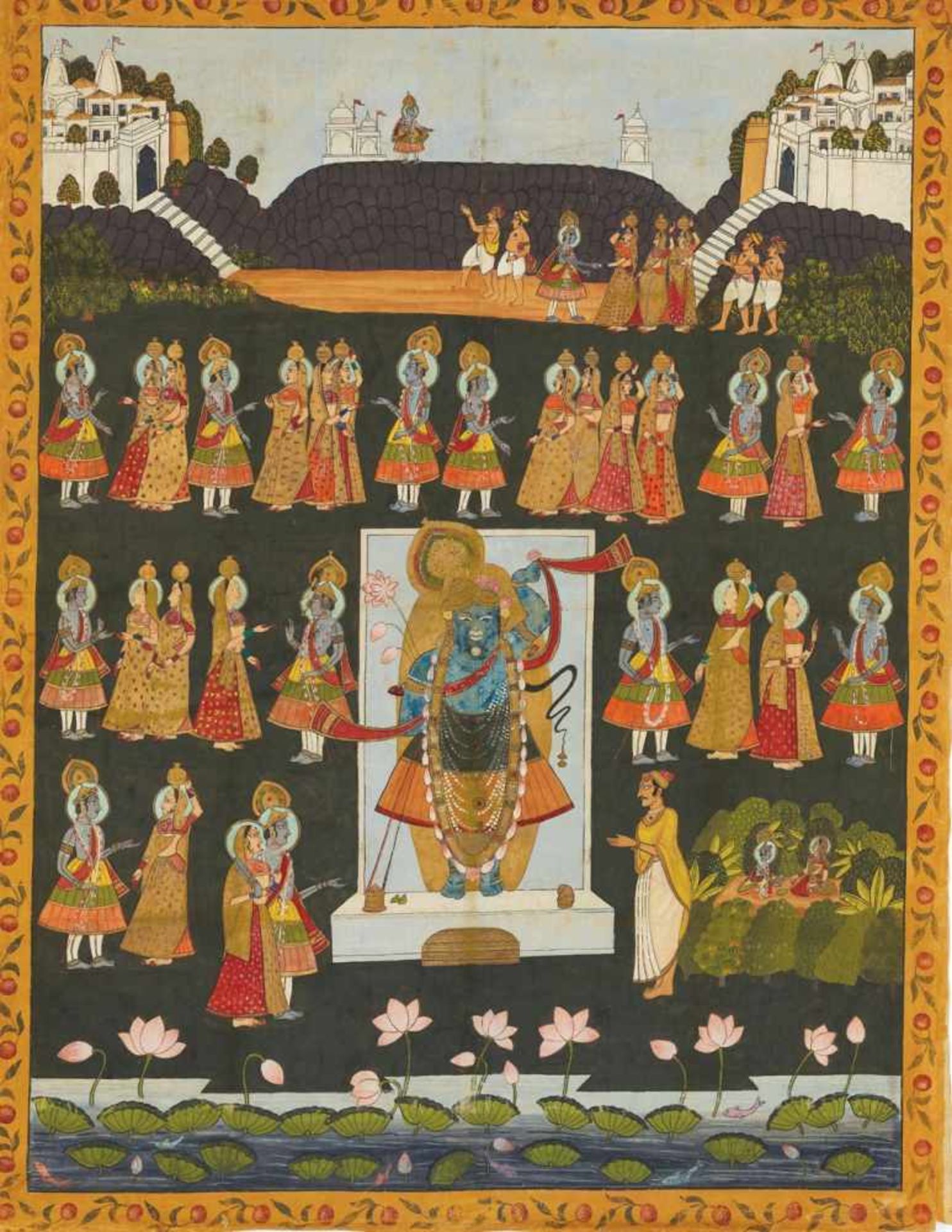 AN INDIAN PICHVAI PAINTING WITH WORSHIP OF SHRINATHJI, 1900s Body color on cloth Nathdwara,