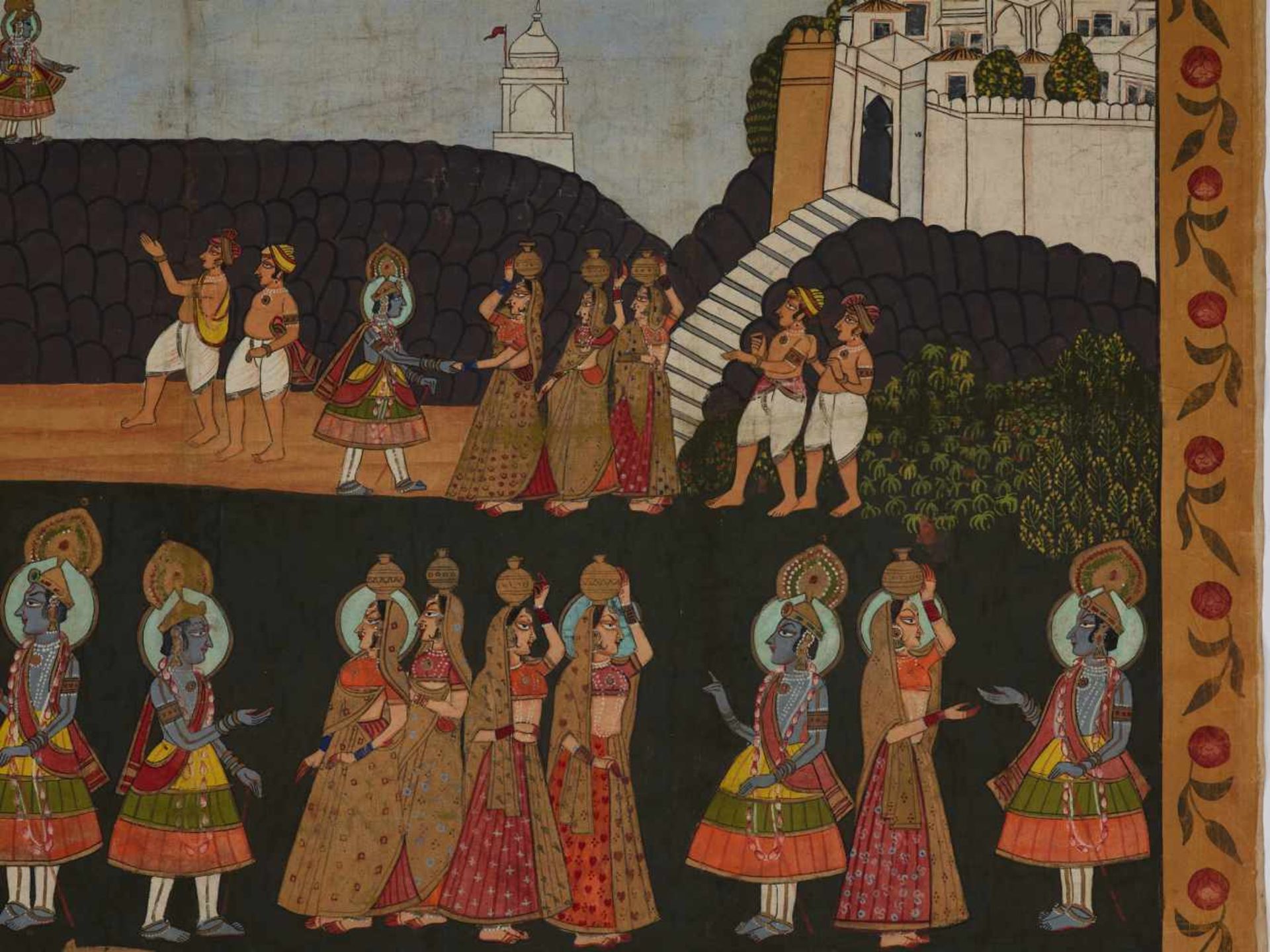 AN INDIAN PICHVAI PAINTING WITH WORSHIP OF SHRINATHJI, 1900s Body color on cloth Nathdwara, - Image 3 of 3