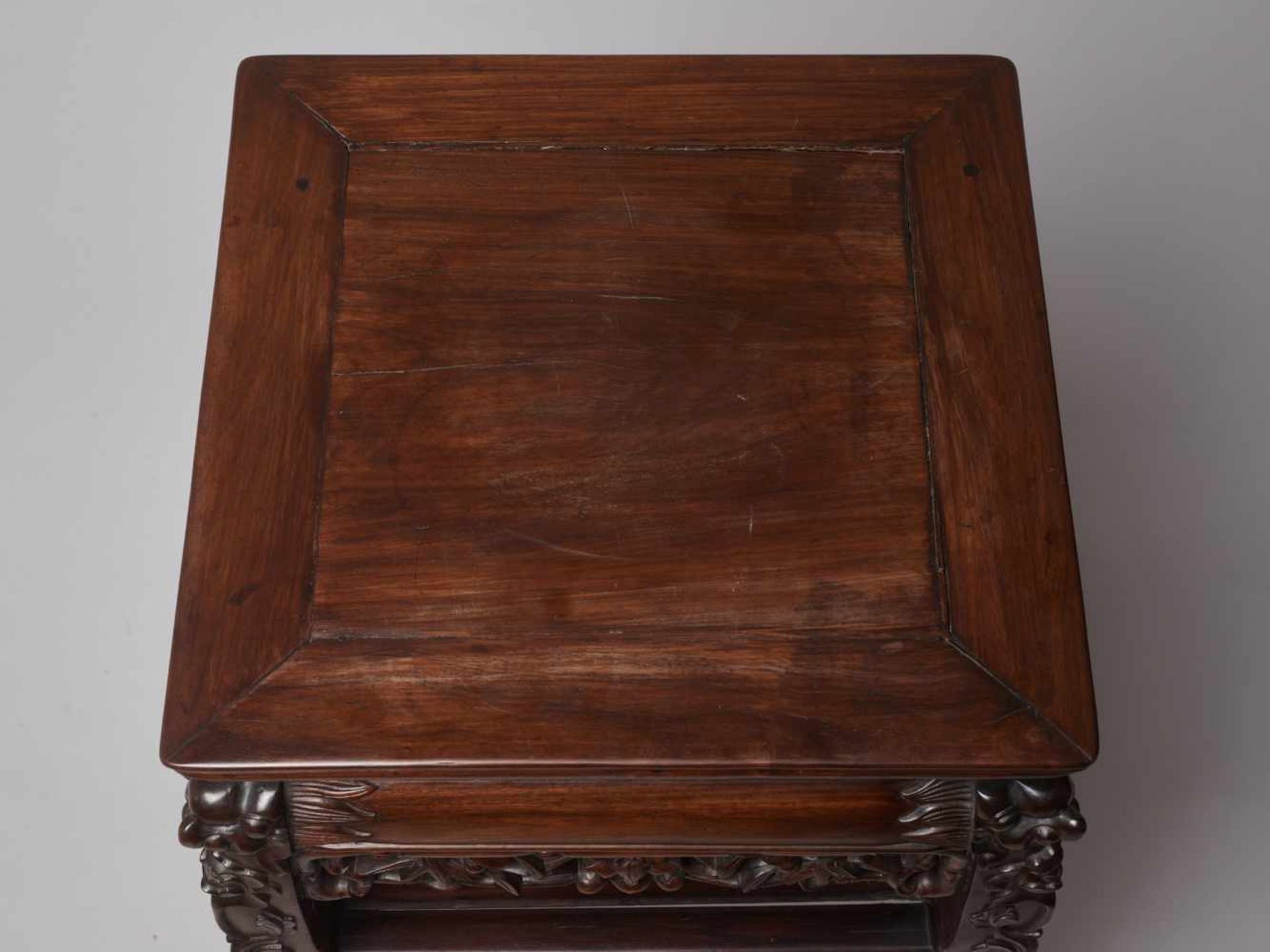 A FINELY CARVED SQUARE WOODEN TWO-STOREY HIGH TABLE, QING DYNASTY Made of several jointed pieces - Image 7 of 7