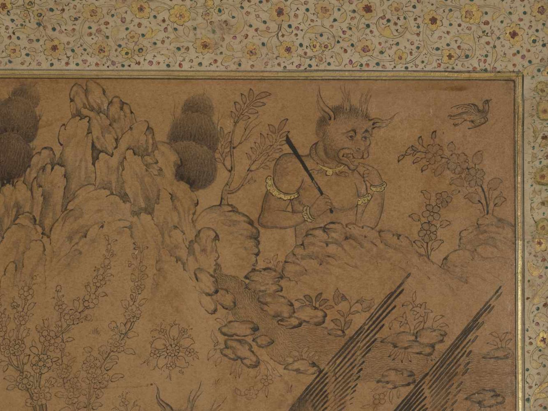 AN OTTOMAN DRAWING OF A PERI WITH SHURALE Ink and gold on very thin paper, laid down on cardboard, - Image 4 of 6