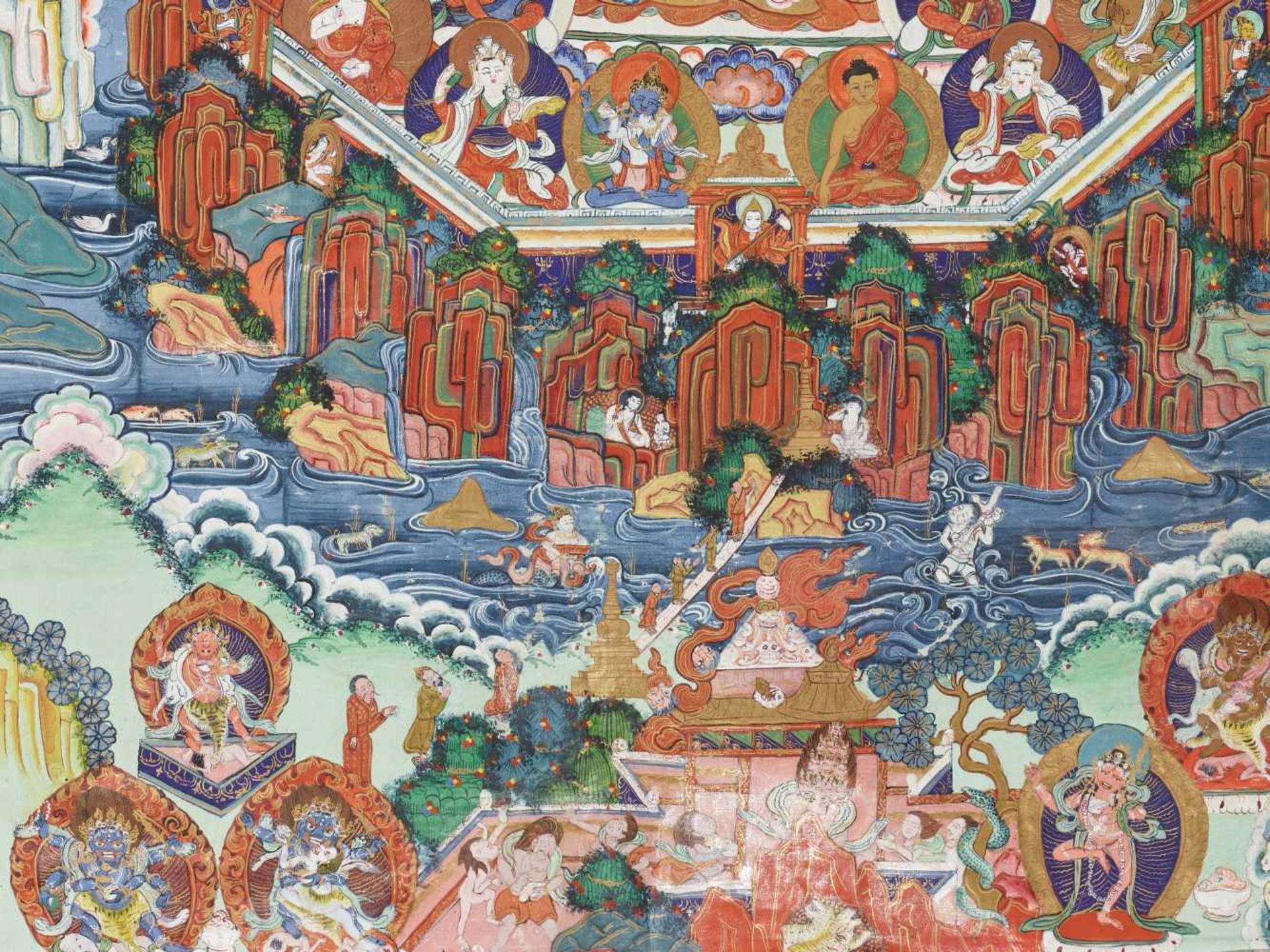 A MAGNIFICENT THANGKA OF GURU RINPOCHE IN ZANGDOK PALRI Distemper and gold paint on cloth, framed by - Image 4 of 7