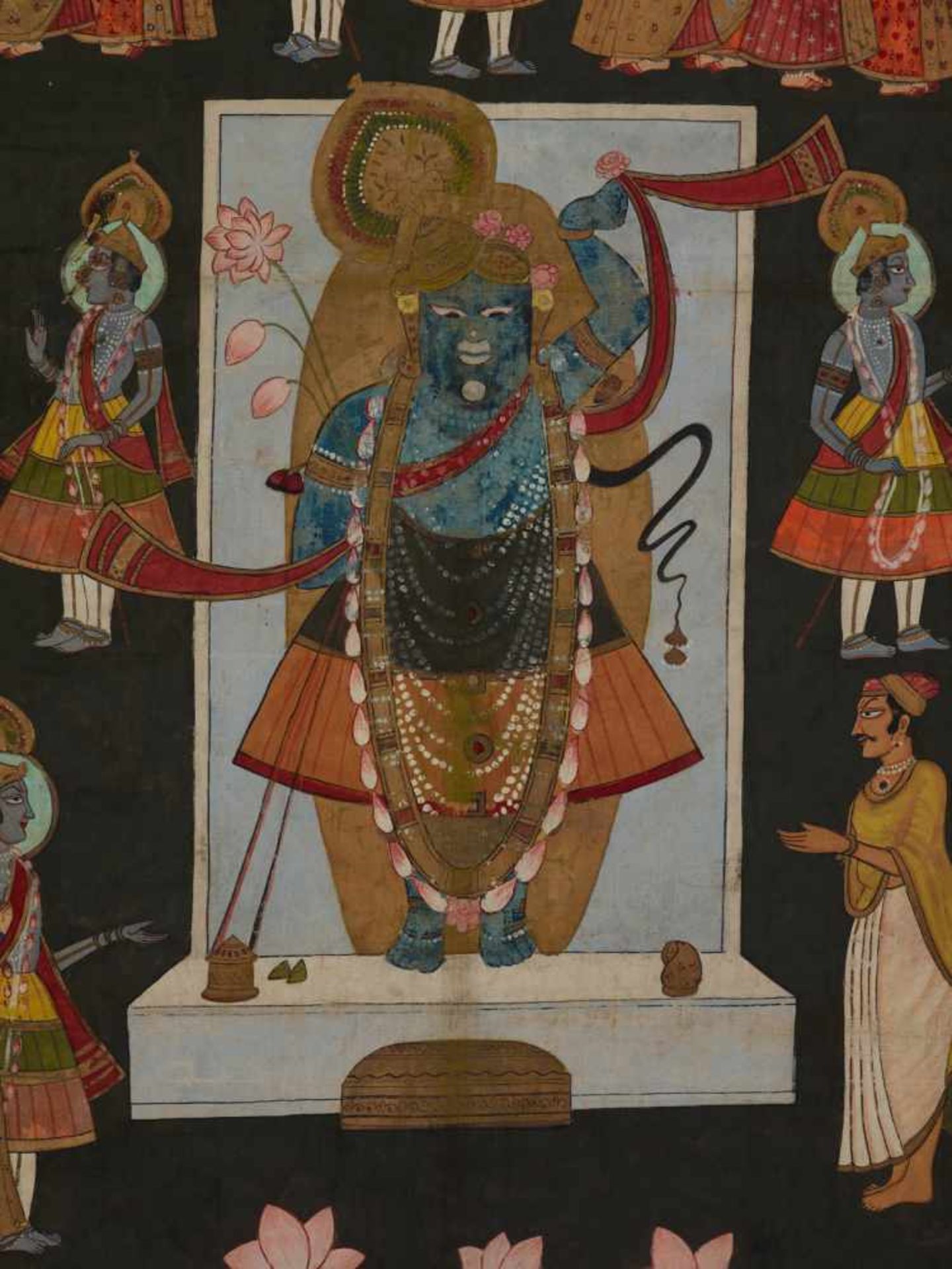 AN INDIAN PICHVAI PAINTING WITH WORSHIP OF SHRINATHJI, 1900s Body color on cloth Nathdwara, - Image 2 of 3