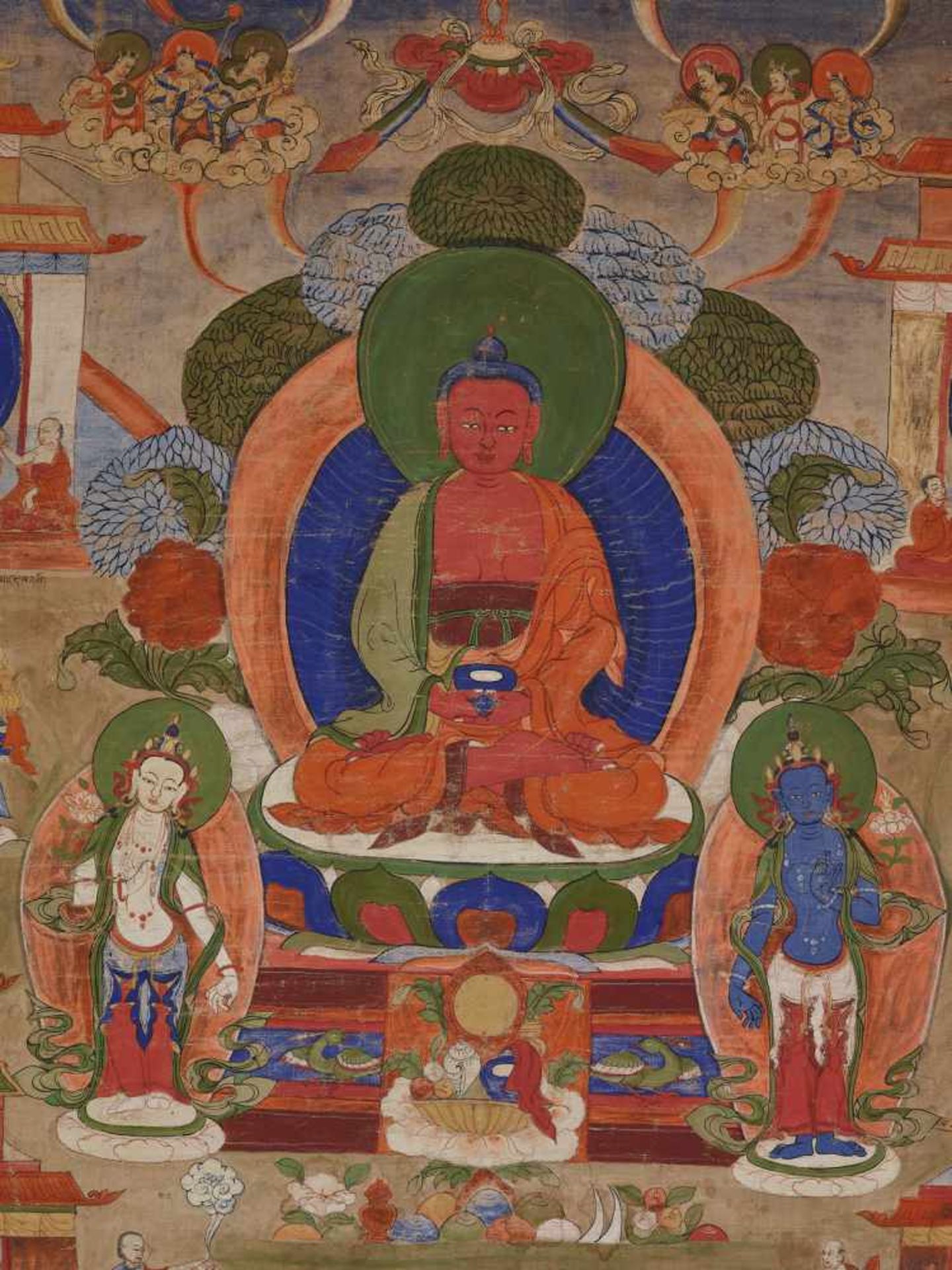 A 19th CENTURY THANGKA DEPICTING AMITABHA IN SUKHAVATI Distemper on cloth, framed in plain linen - Image 3 of 7