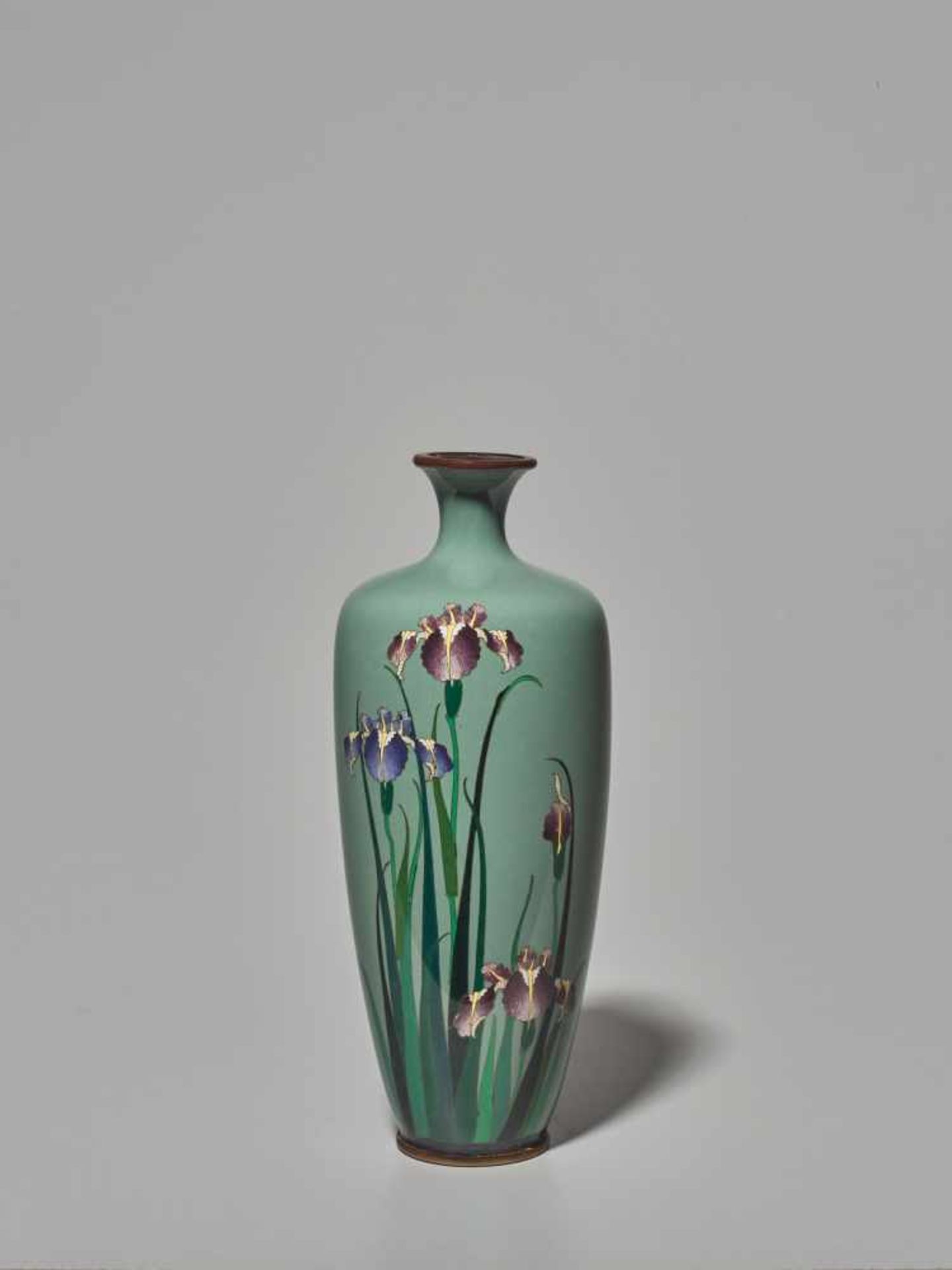 A JAPANESE CLOISONNÉ VASE WITH IRIS BLOSSOMS IN THE STYLE OF NAMIKAWA SOSUKE Cloisonné with