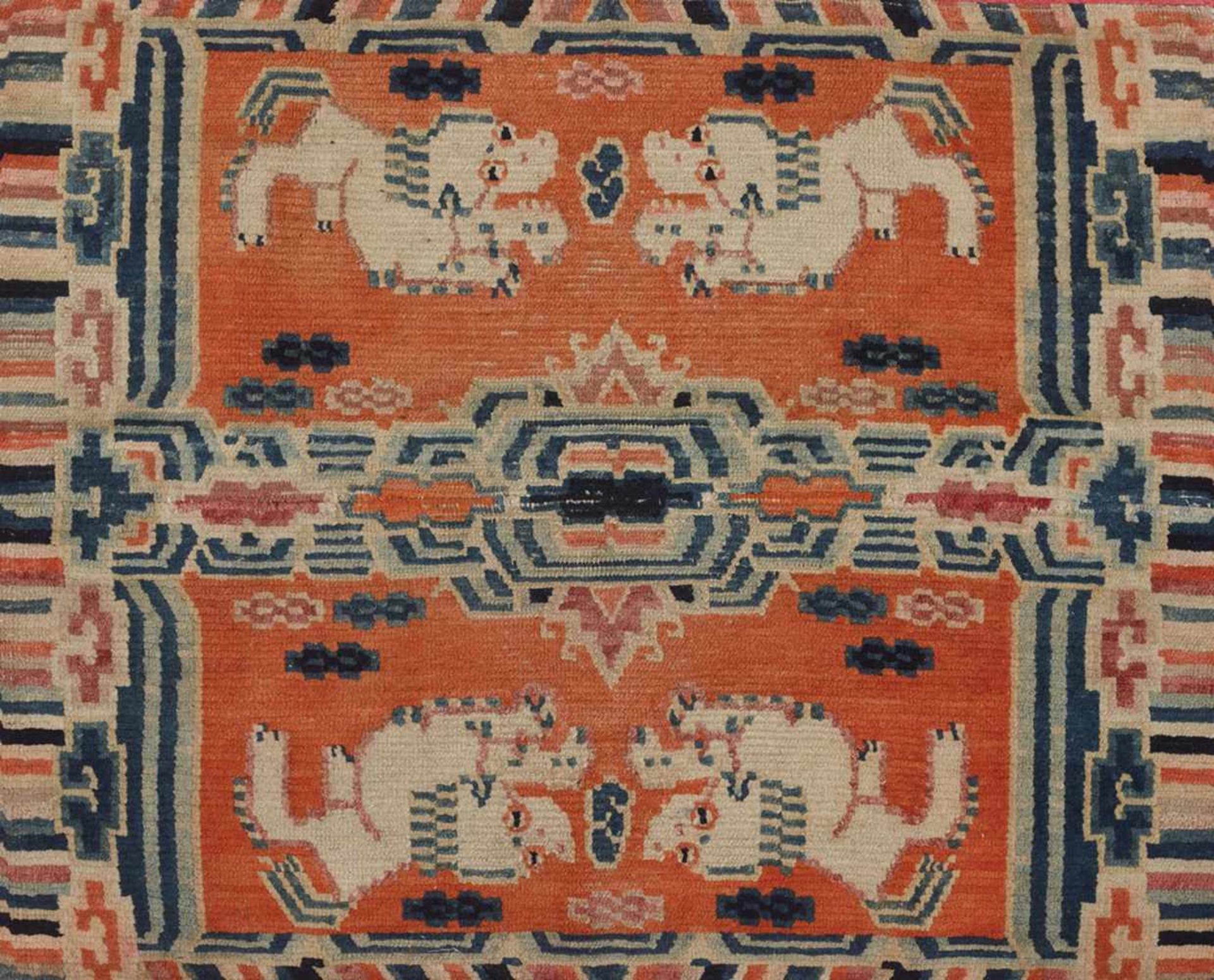 A MAKSHO TIBETAN SADDLE RUG WITH BUDDHIST LIONS, 19th CENTURY Wool and fabric Tibetan, 19th