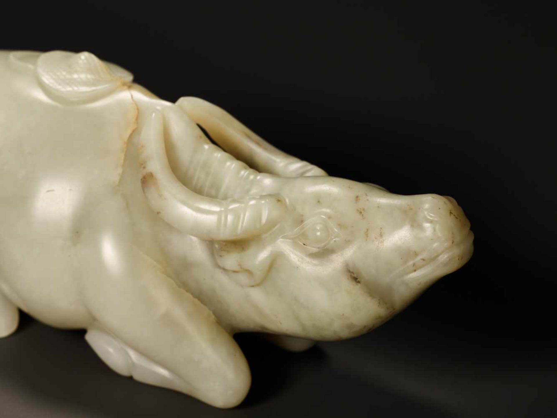 A FINELY CARVED CELADON JADE MODEL OF ‘WATER BUFFALO AND DOULI’ 18TH CENTURY Nephrite of pale - Image 6 of 9