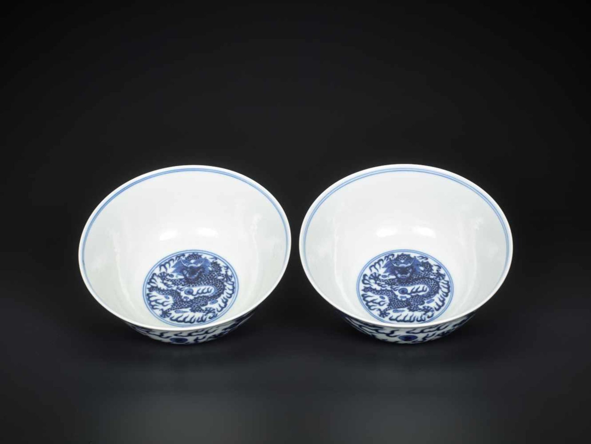 A PAIR OF BLUE AND WHITE 'DRAGON' BOWLS, MARKS AND PERIOD OF GUANGXU Painted in intense and vivid - Image 5 of 5