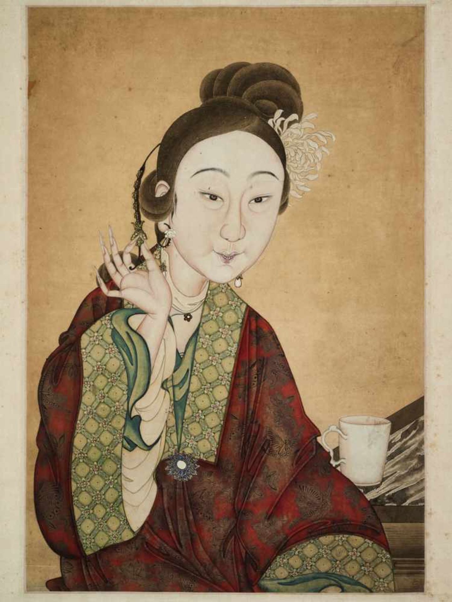 A PAINTING DEPICTING A MEIREN WITH A DEHUA CUP, QING DYNASTY Ink and color pigments on paperChina,