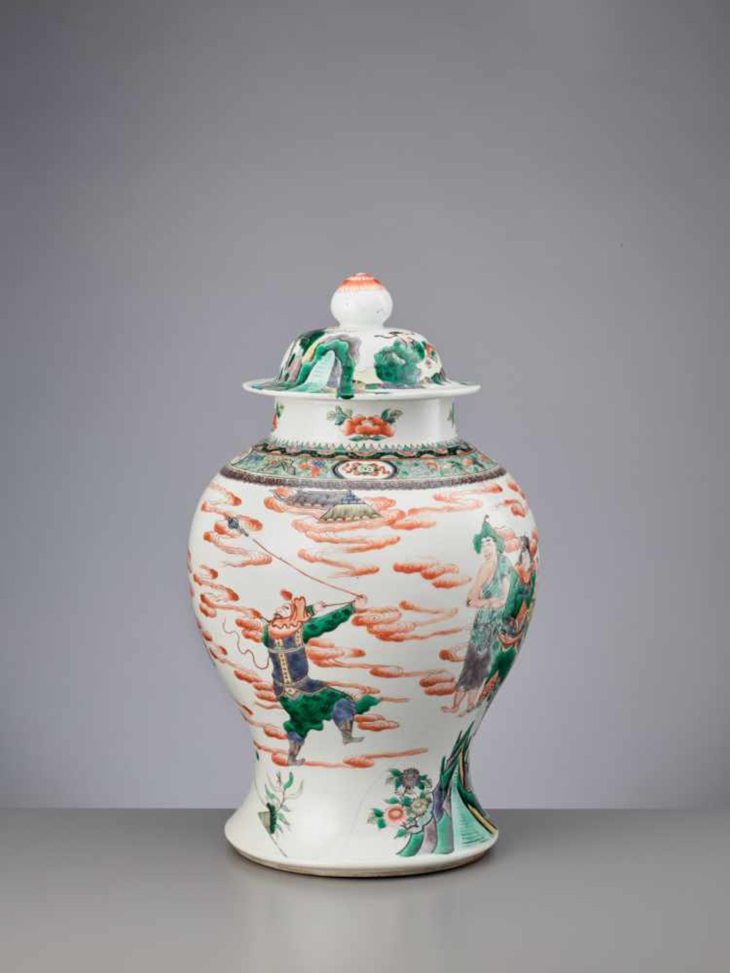 A LIDDED QING DYNASTY FAMILLE VERTE BALUSTER JAR ‘EIGHT IMMORTALS’ Porcelain with iron red, - Image 3 of 9