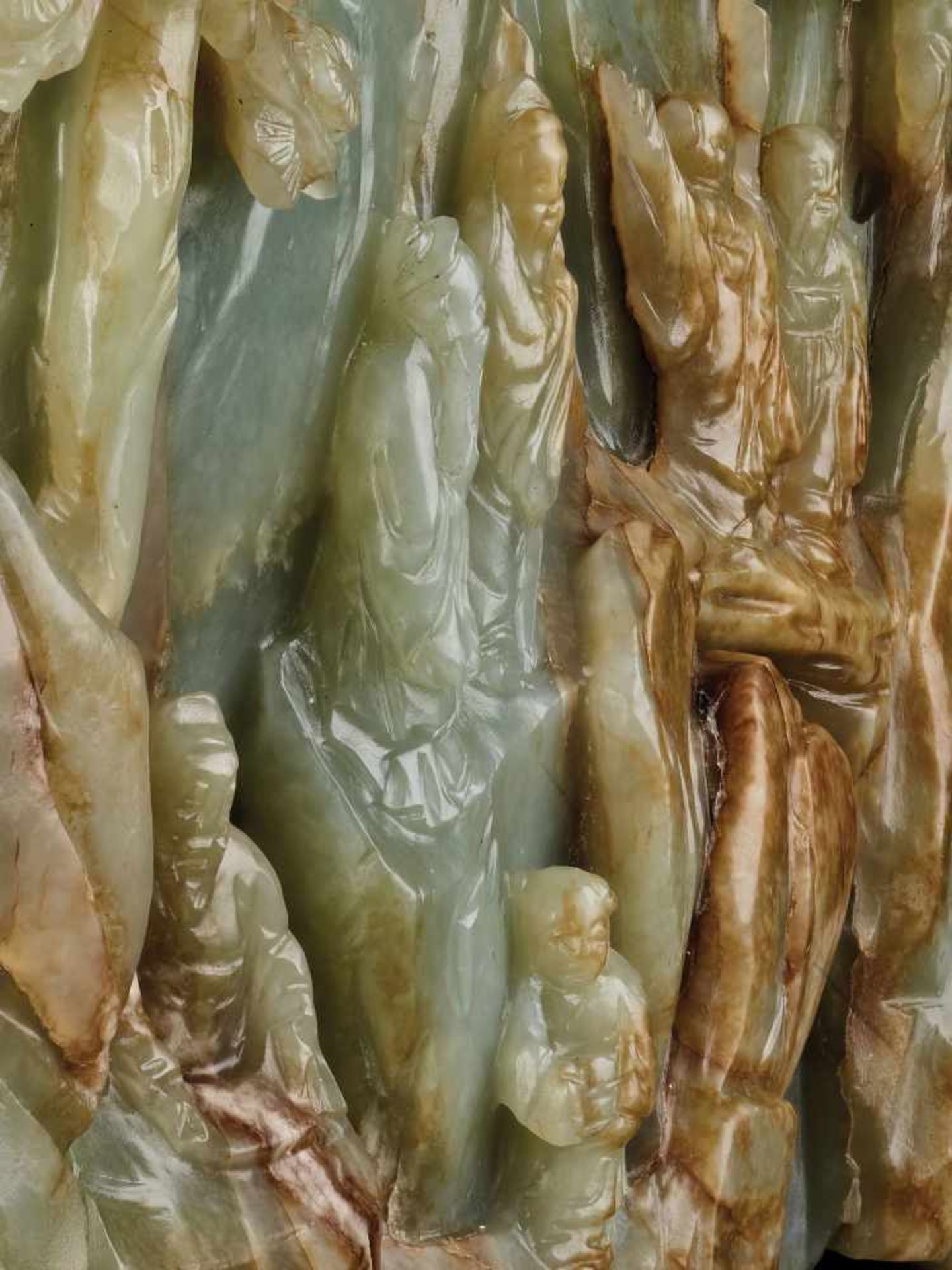 A SUPERB AND VERY LARGE CELADON AND RUSSET ‘SEVEN IMMORTALS’ JADE MOUNTAIN, 17th – 18th CENTURY - Image 20 of 24